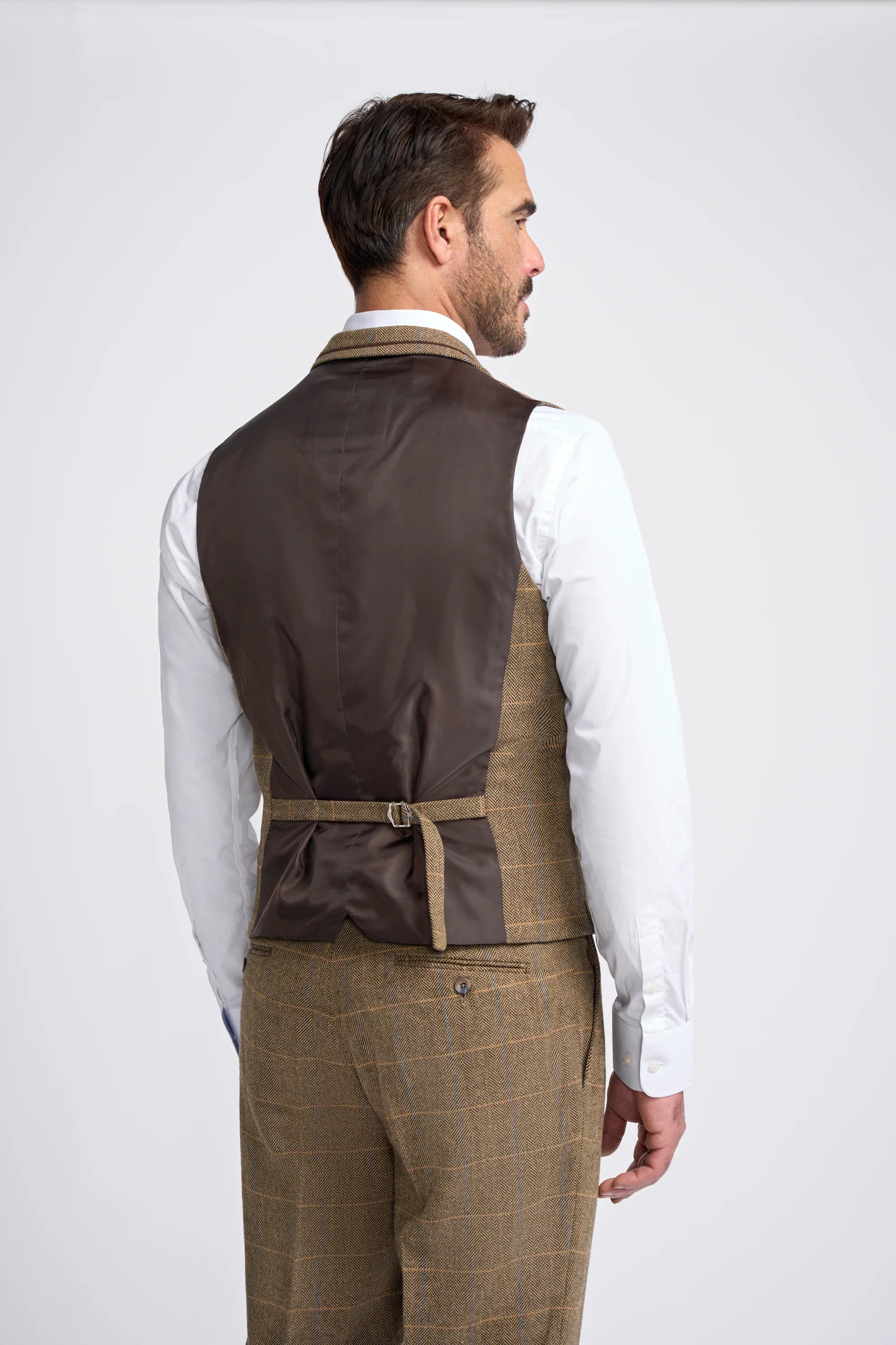 Men's Wool Blend Herringbone Check Waistcoat - Albert - Tan Brown Waistcoat Back Picture