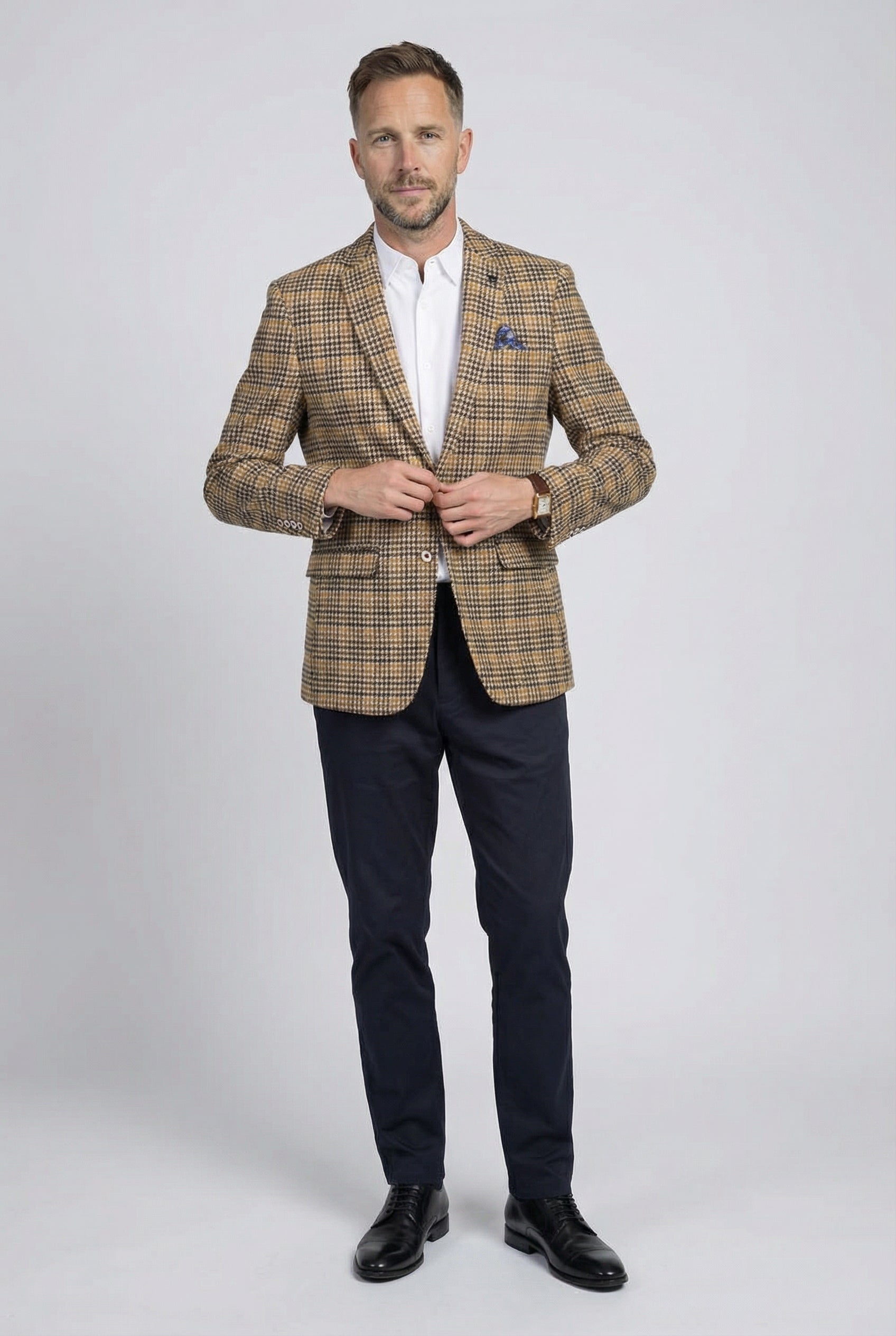 Men’s Wool Blend Houndstooth Check Blazer - Carter - Beige Front Picture