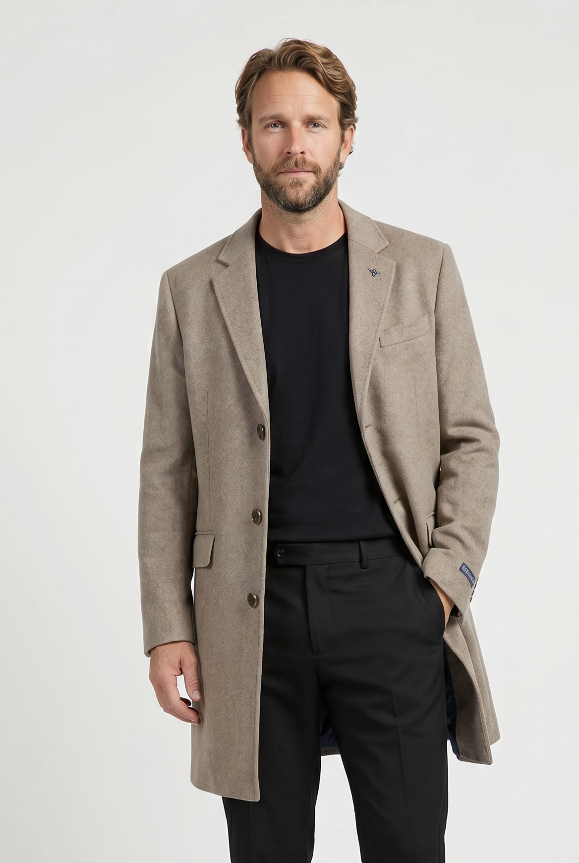 Men’s Wool Blend Mid-Length Overcoat -  Beige