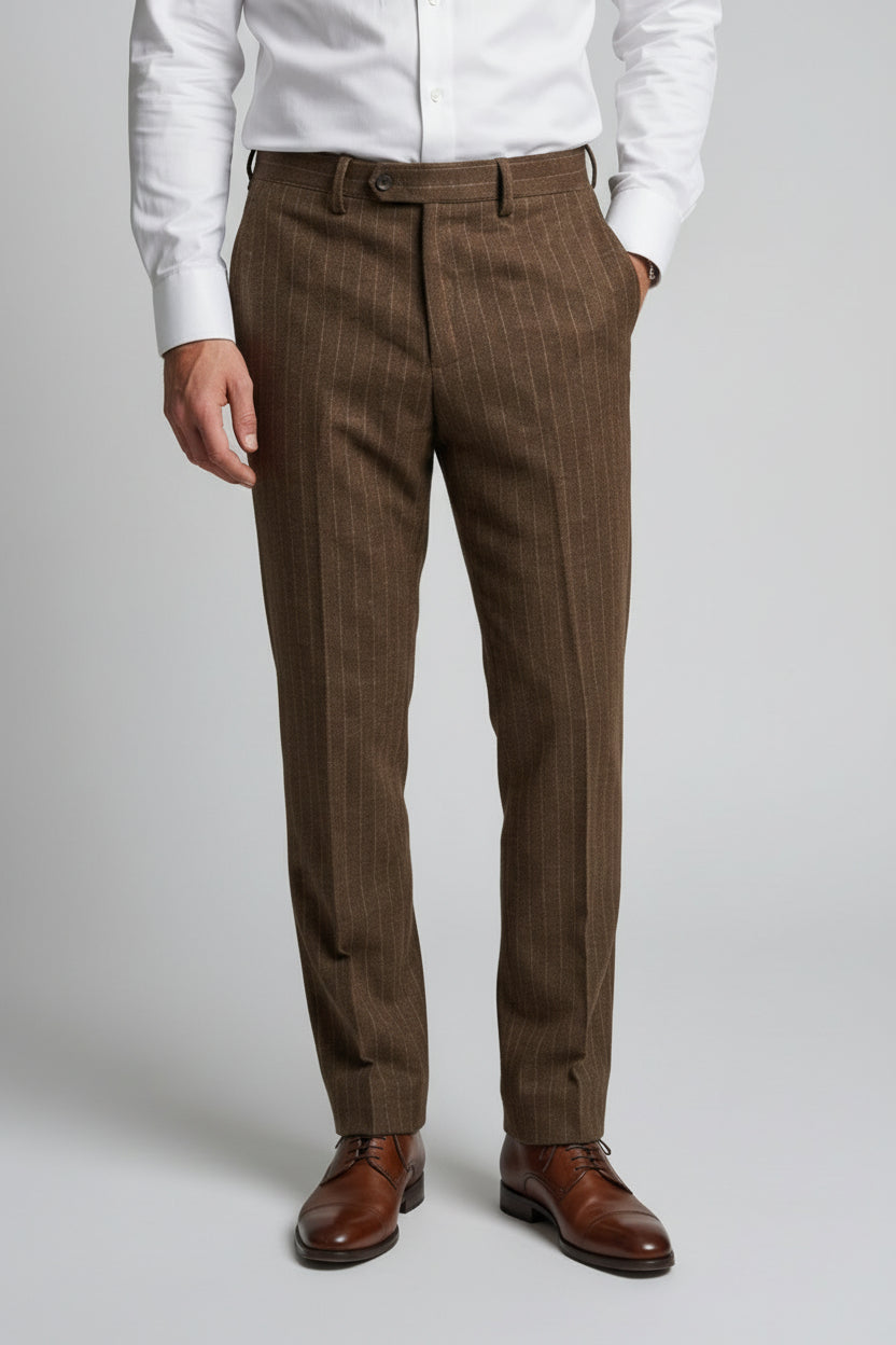 Men’s Wool Blend Pinstripe Formal Trousers - Victor - Brown 