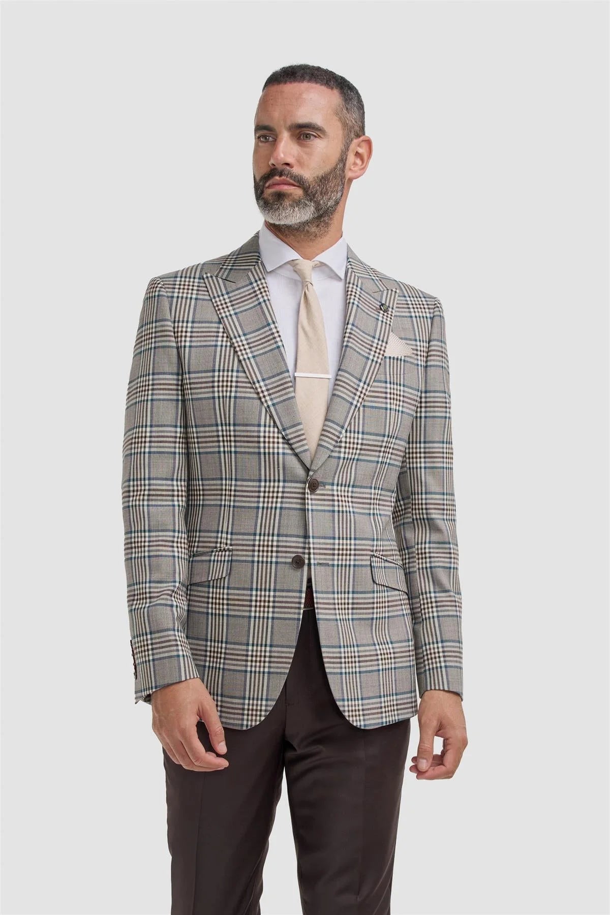 Men’s Wool Blend Plaid Check Blazer - Pietro - Beige