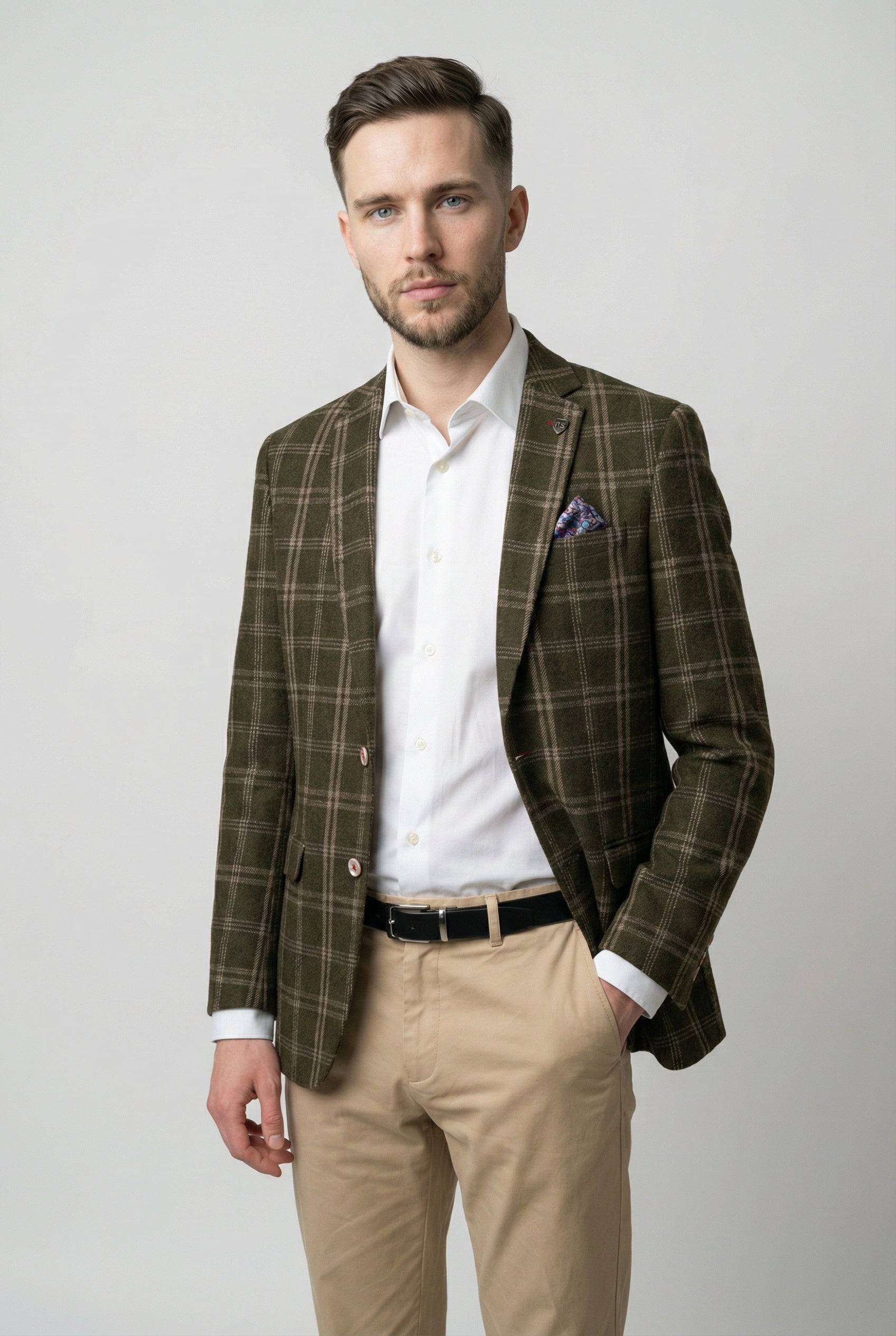 Men’s Wool Blend Windowpane Check Blazer - Alex - Green Main Picture