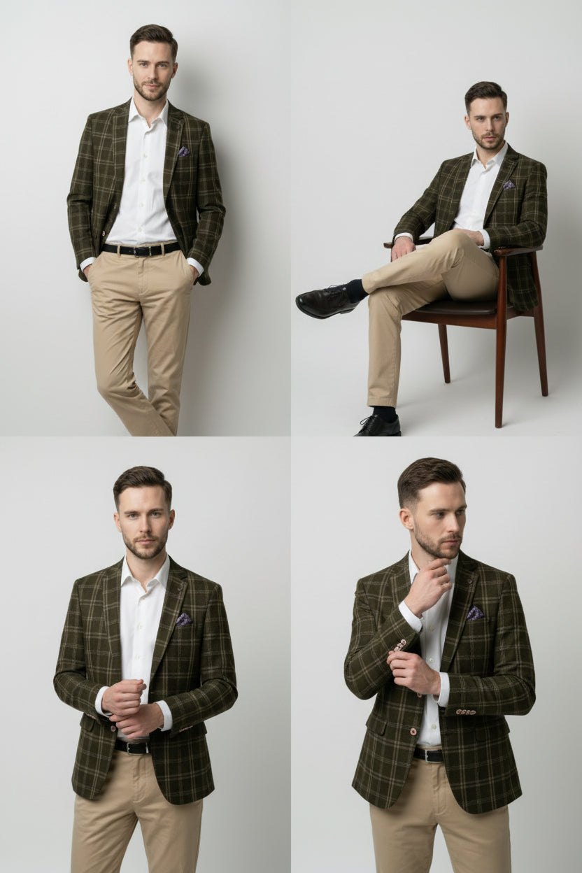 Men’s Wool Blend Windowpane Check Blazer - Alex - Green