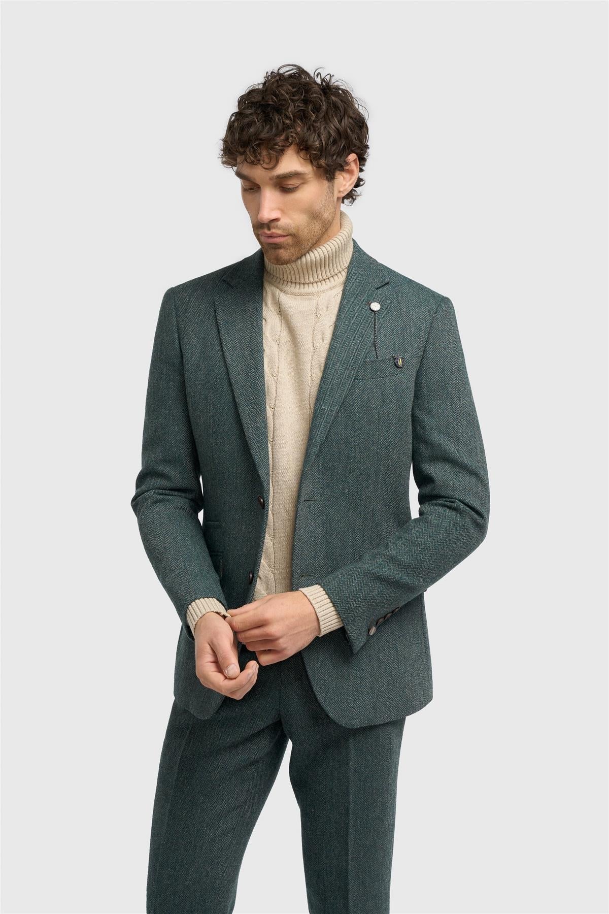 Men’s Wool Herringbone Tweed Suit Jacket - Thomas - Olive Green Model Picture