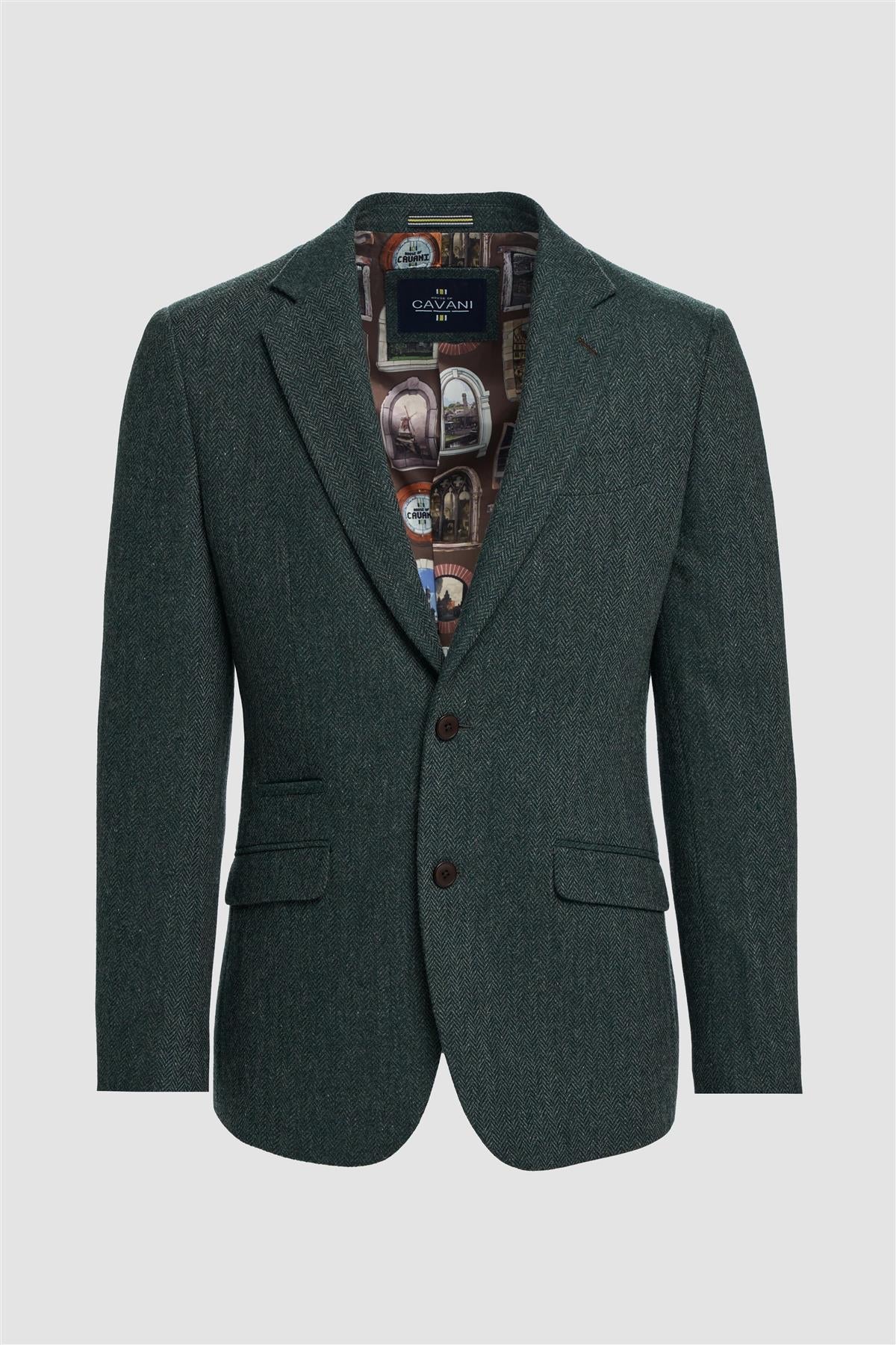 Men’s Wool Herringbone Tweed Suit Jacket - Thomas - Olive Green Linning Picture