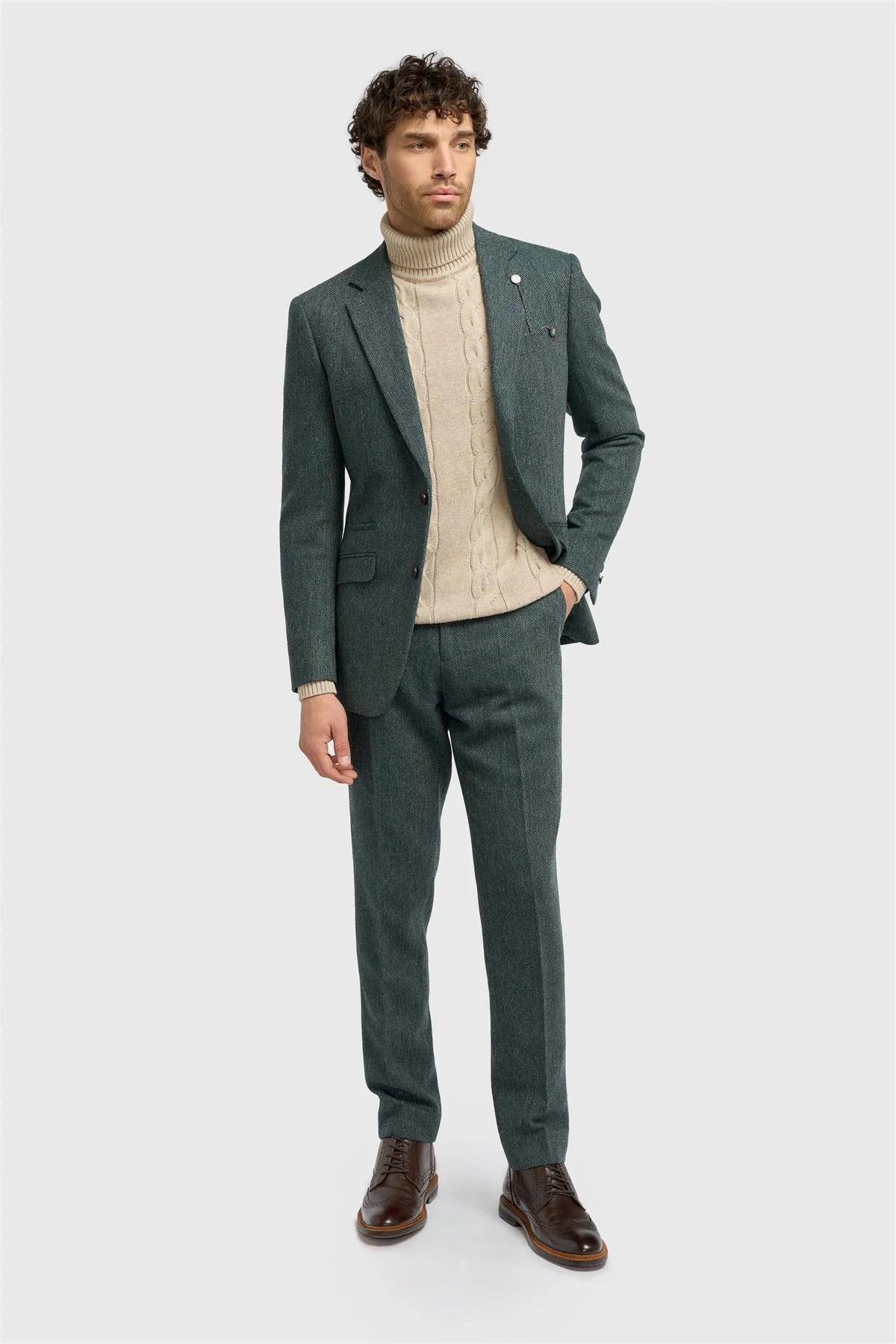 Men’s Wool Herringbone Tweed Suit Jacket - Thomas - Olive Green Front Picture