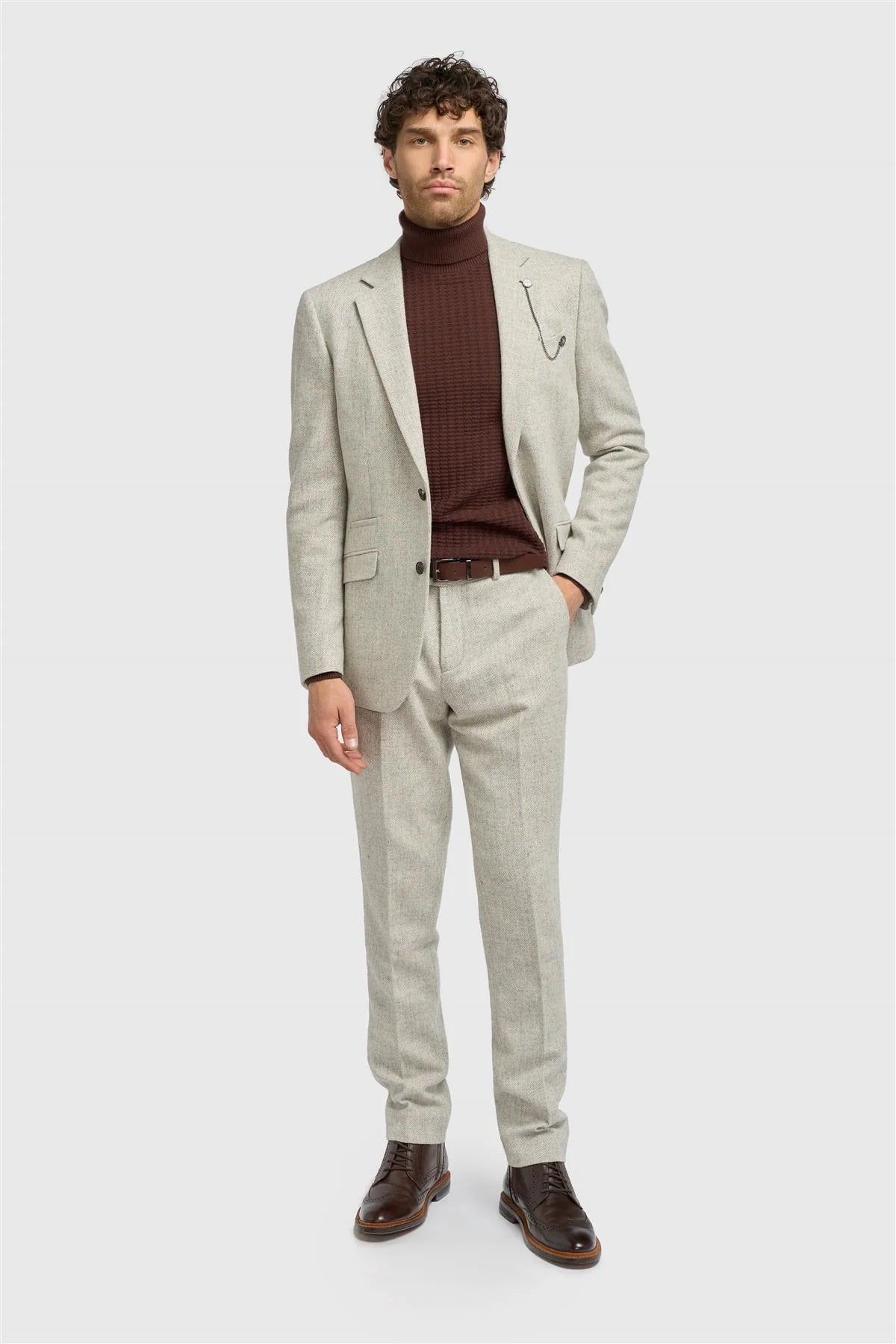 Men’s Wool Herringbone Tweed Suit Jacket - Thomas - Pearl Grey Model Picture