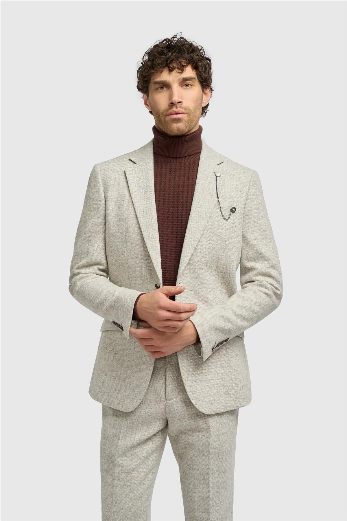 Men’s Wool Herringbone Tweed Suit Jacket - Thomas - Pearl Grey Front Picture