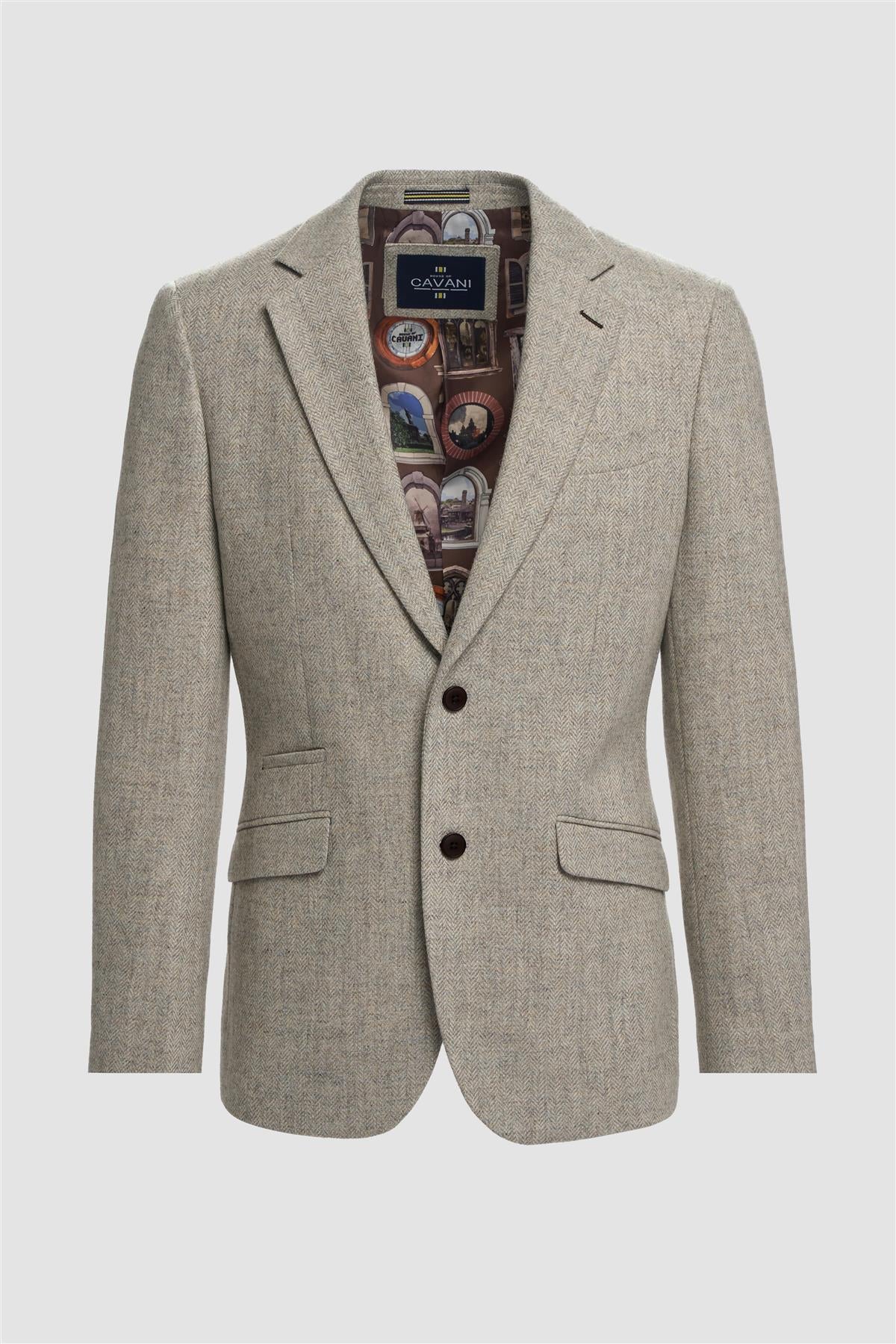 Men’s Wool Herringbone Tweed Suit Jacket - Thomas - Pearl Grey