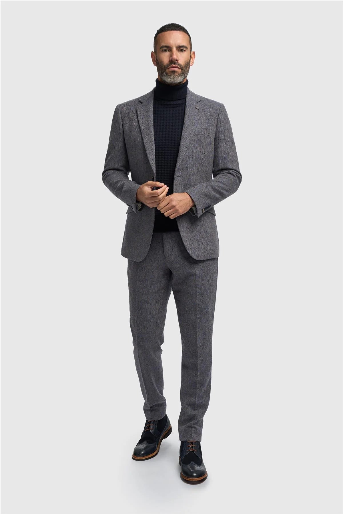 Men’s Wool Herringbone Tweed Suit Jacket - Thomas - Savoy Grey Front picture