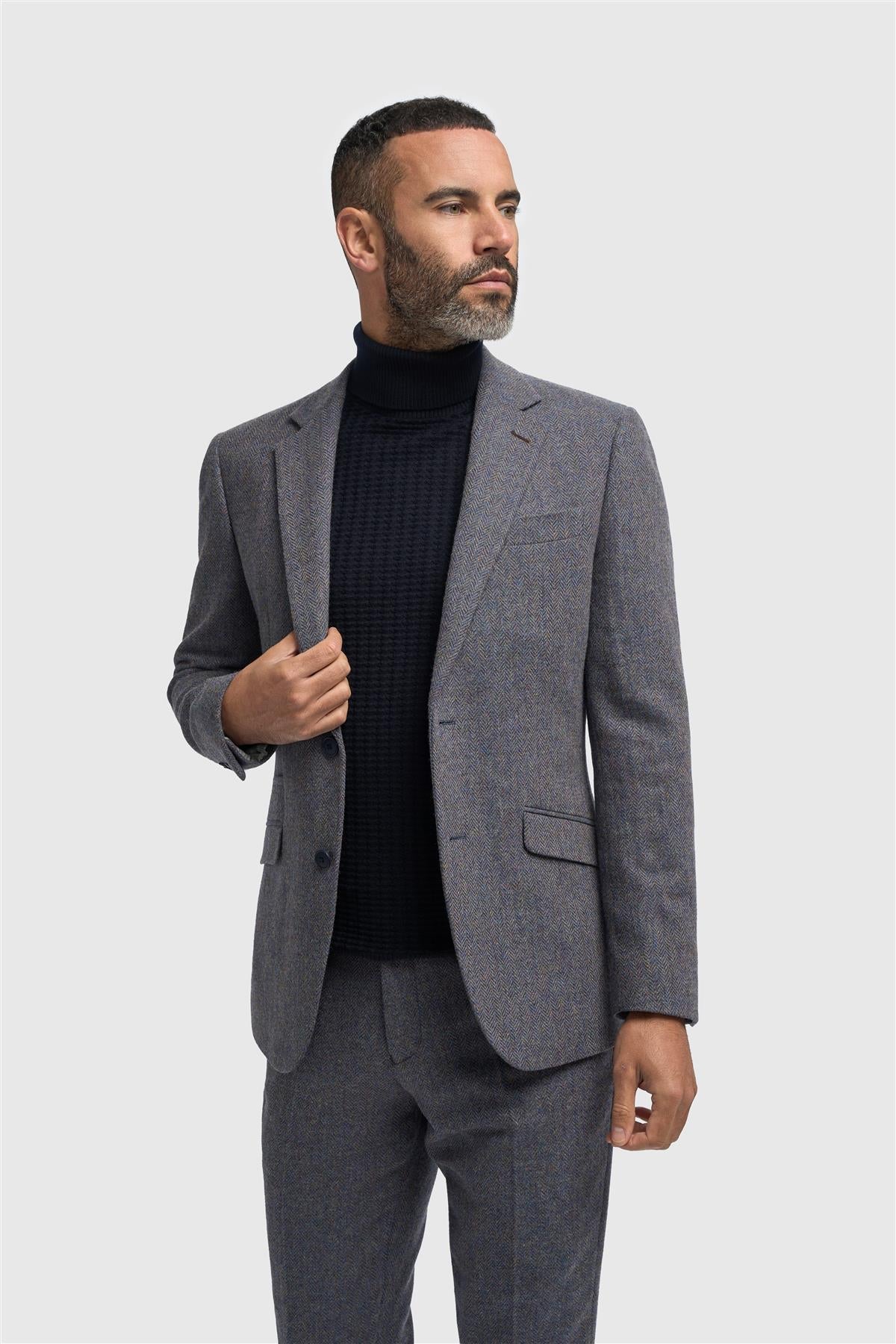 Men’s Wool Herringbone Tweed Suit Jacket - Thomas - Savoy Grey Model Picture