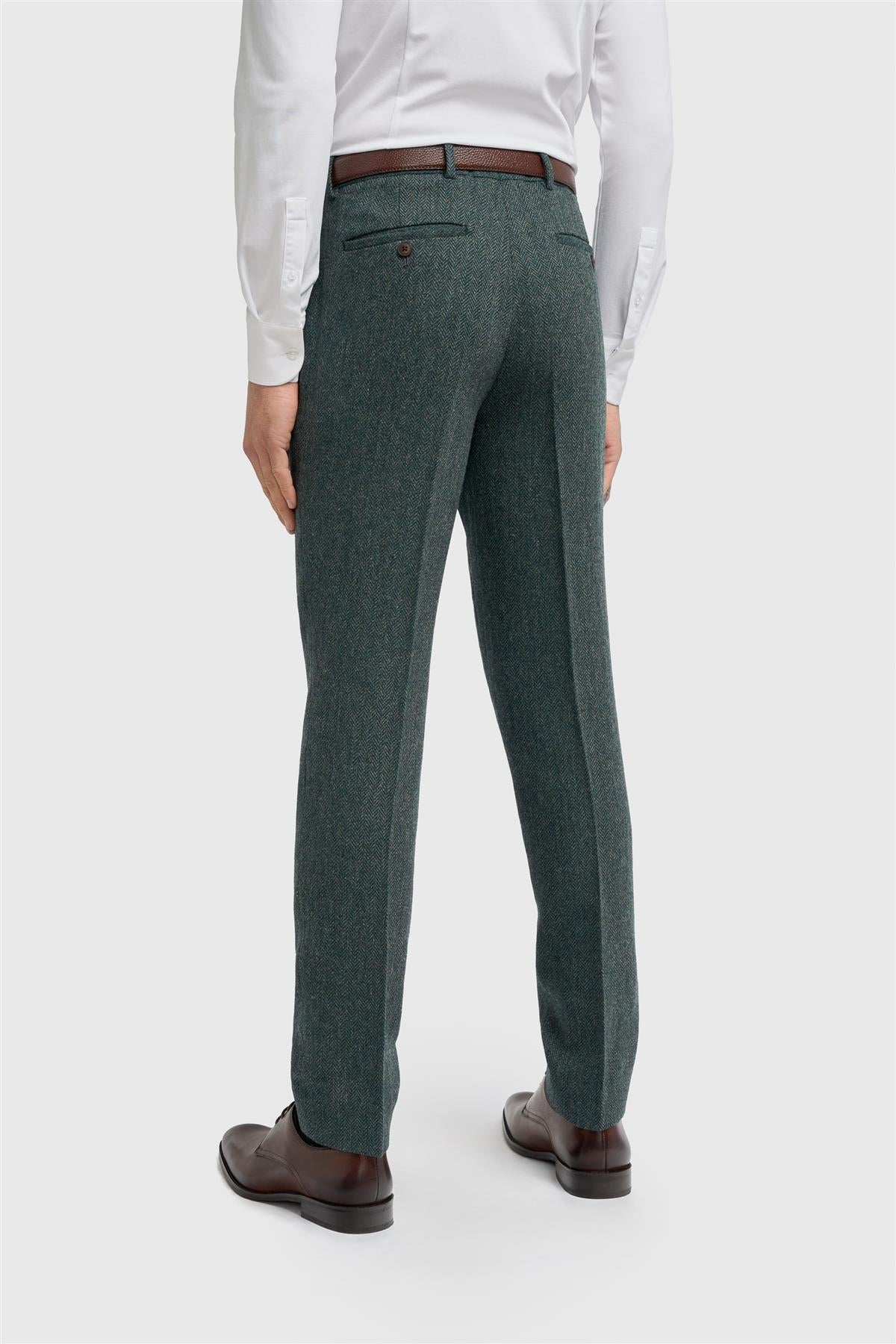 Men’s 3-Piece Wool Herringbone Tweed Suit - Thomas - Olive Green Trousers Back Picture