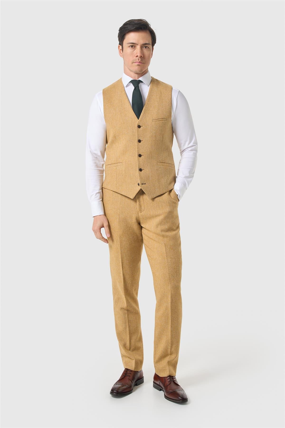 Men’s Waistcoat  Wool Herringbone Tweed Suit - Thomas - Amber Picture