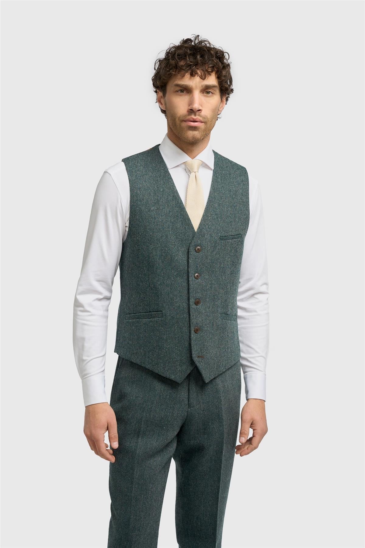 Men’s 3-Piece Wool Herringbone Tweed Suit - Thomas - Olive Green Waistcoat Picture