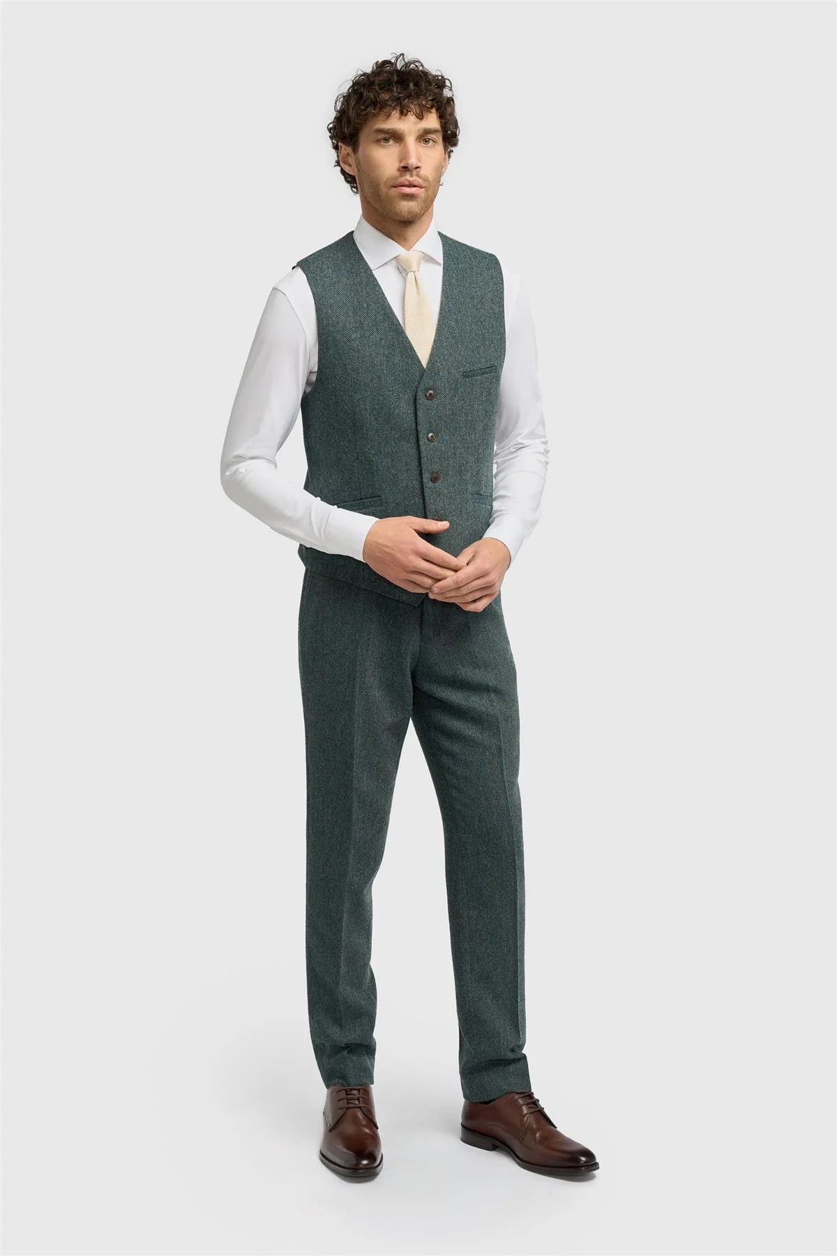 Men’s 3-Piece Wool Herringbone Tweed Suit - Thomas - Olive Green Waistcoat Model Picture