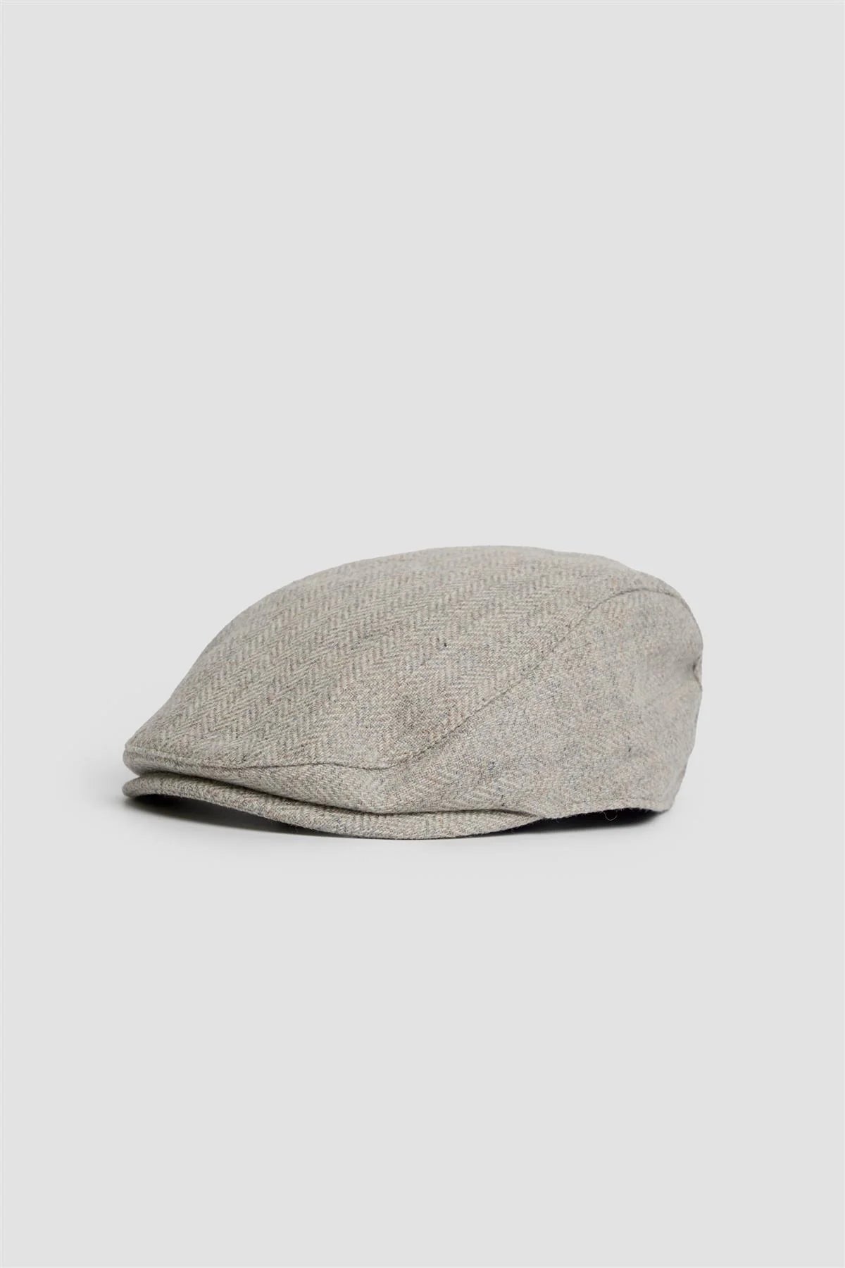 Men’s Wool Tweed Herringbone Flat  Cap - Thomas - Pearl Grey