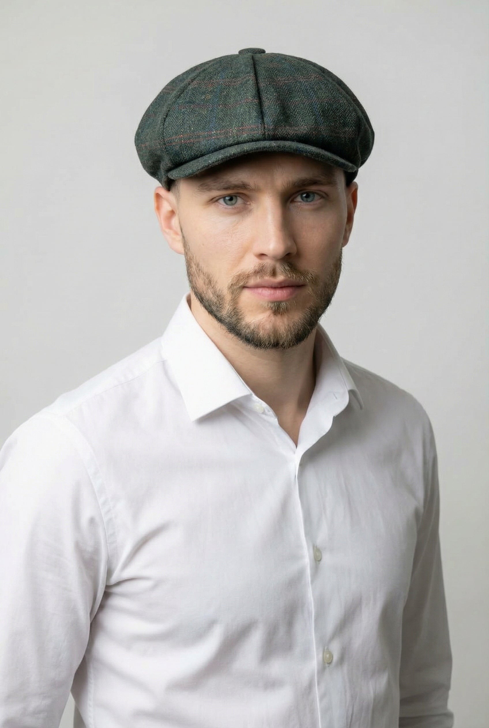 Men’s Wool Tweed Windowpane Check Baker Boy Cap - Joshua - Green Model Picture