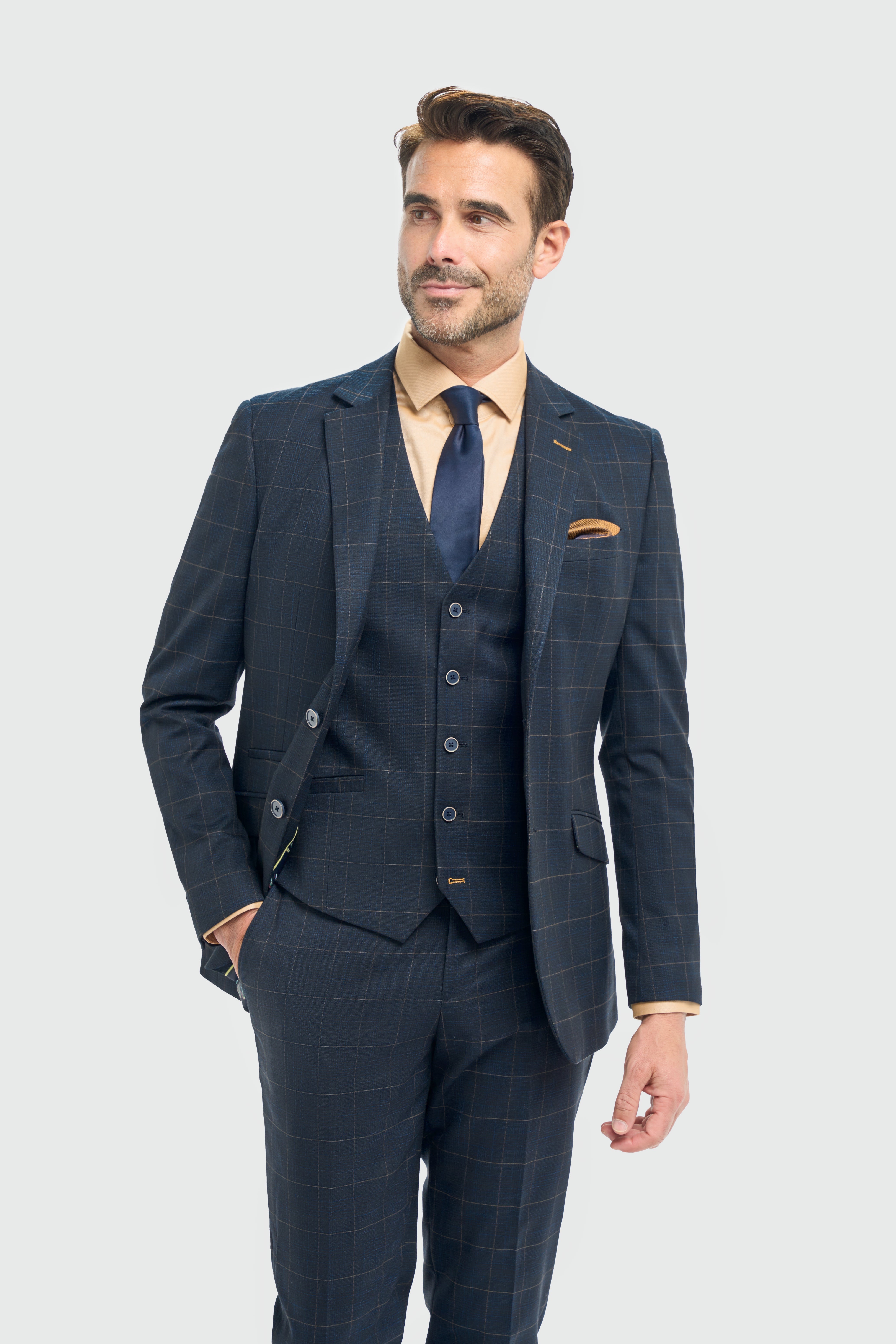 Father & Son Matching Windowpane Check 3-Piece Suit Set - Torino Navy