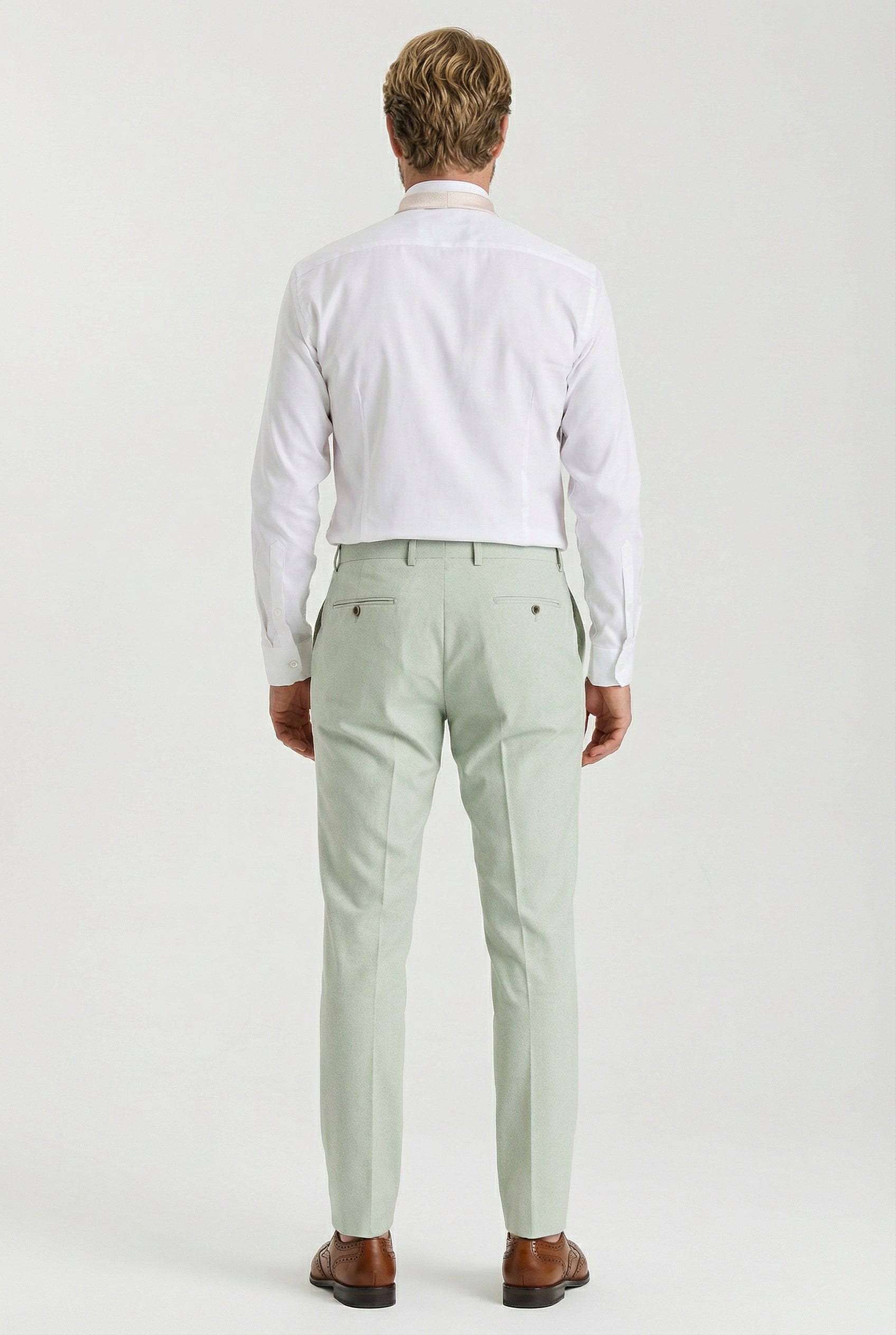 Men’s 3-Piece Tailored Fit Formal Suit - Belmont - Sage Green Model Trousers Back Picture 