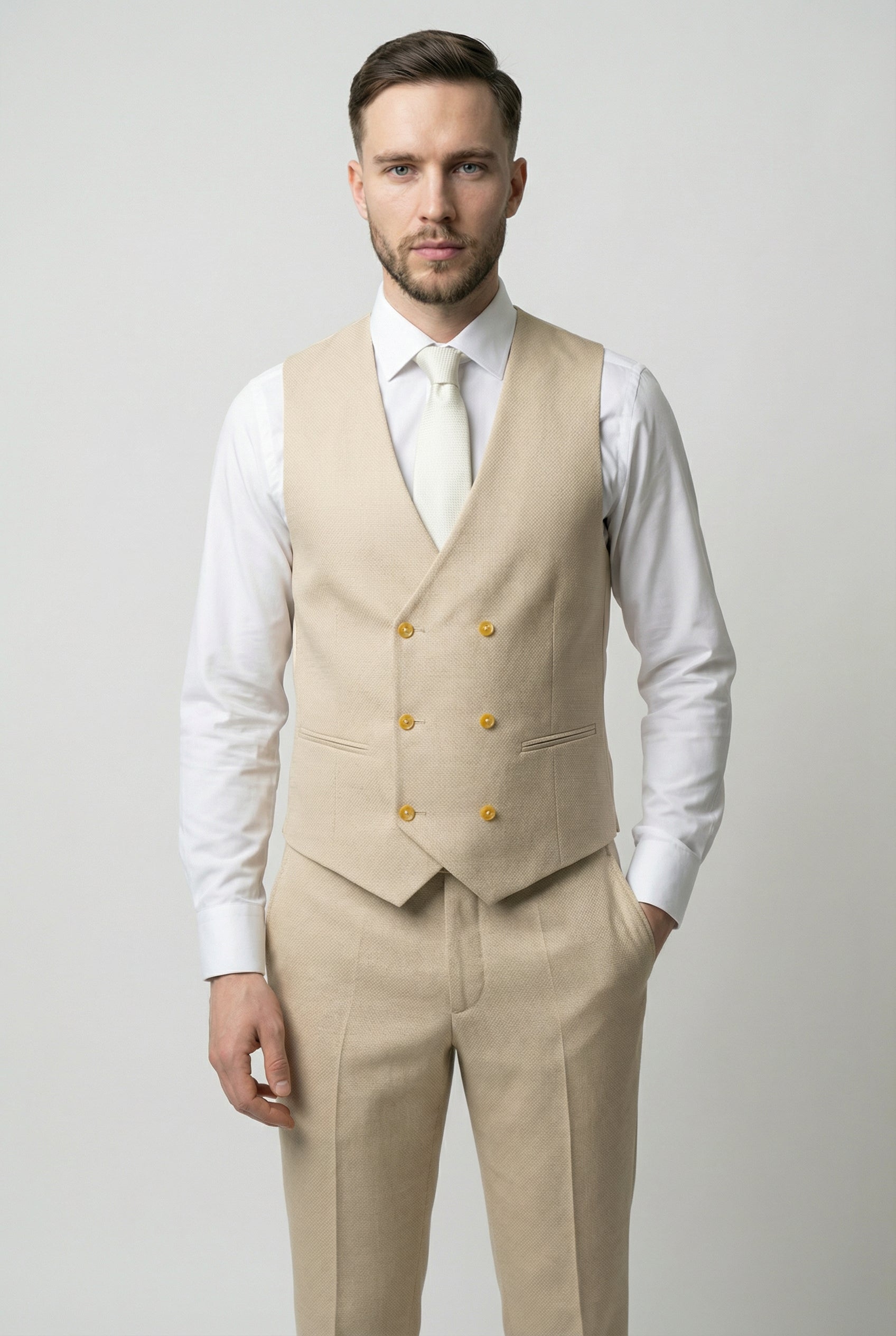 Men’s 3-Piece Textured Suit with Double-Breasted Waistcoat - CORE - Beige