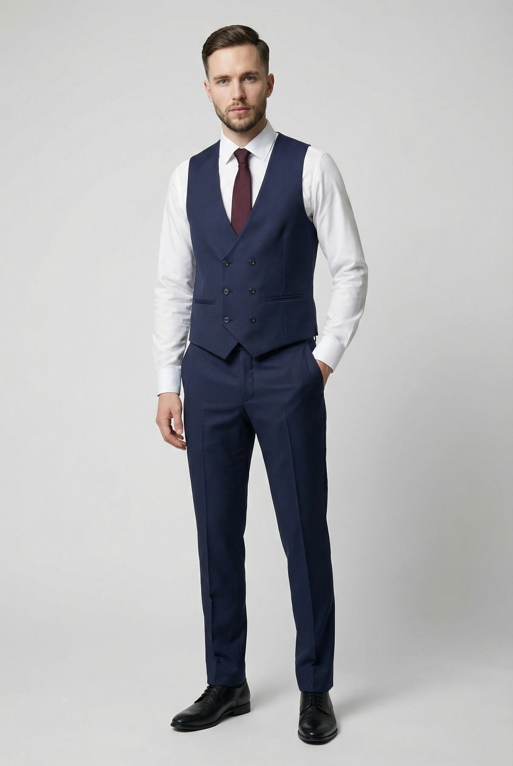 Men’s 3-Piece Textured Suit with Double-Breasted Waistcoat - CORE - Navy Blue