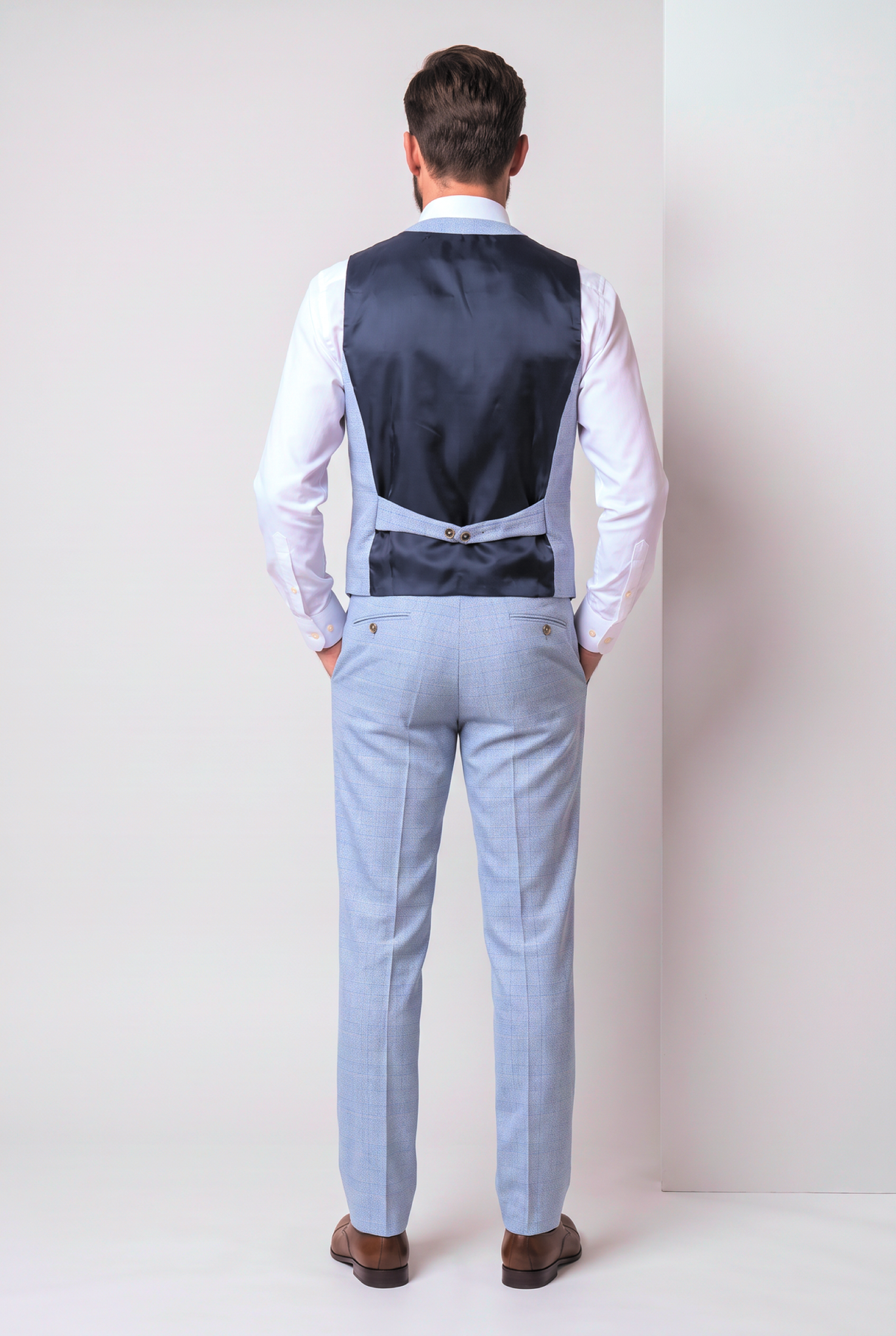 Men’s 3-Piece Tweed Like Glen Check Suit - Robert Simon Luis Pale Blue.
