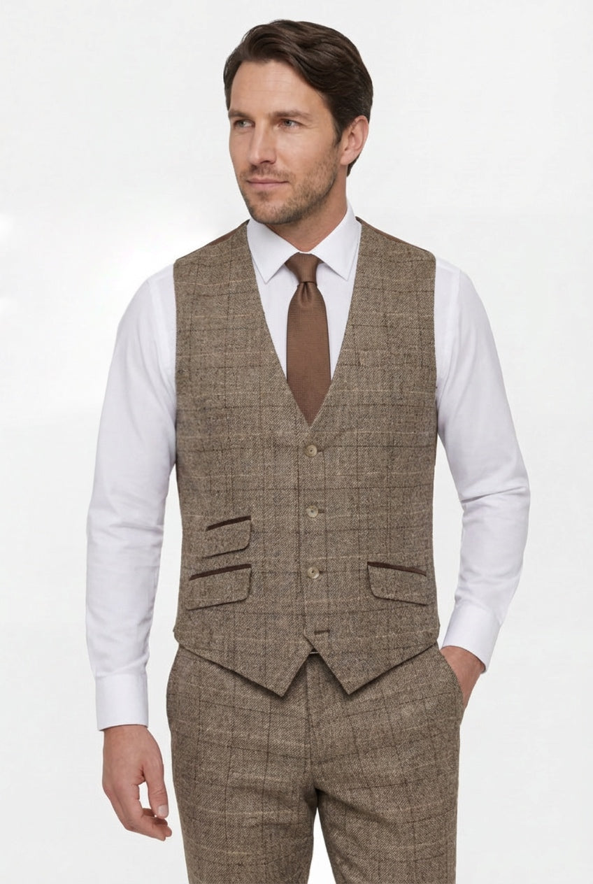 Men’s 3-Piece Windowpane Tweed Suit - Brown