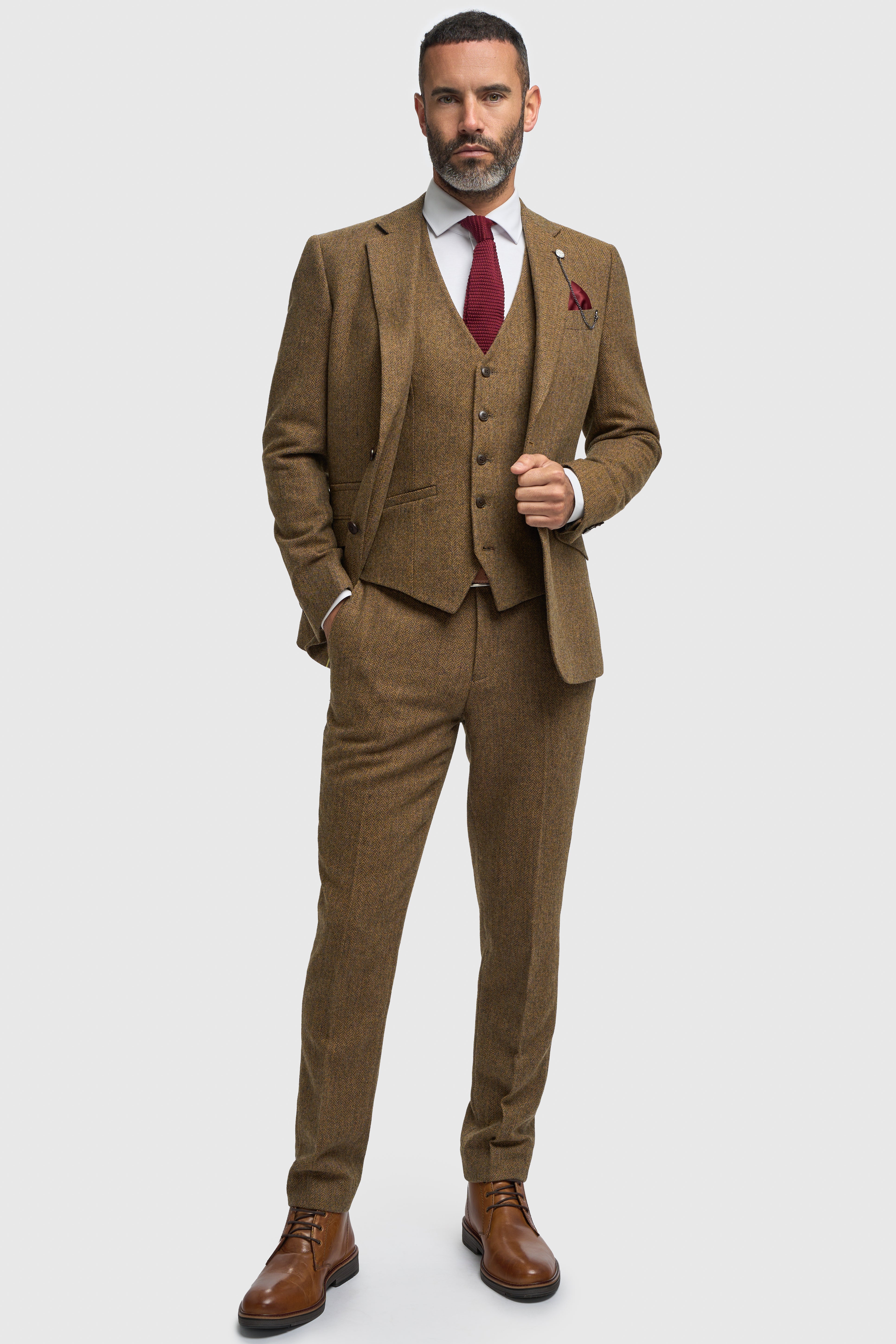 Men’s 3-Piece Wool Herringbone Tweed Suit - Thomas - Brown Model Gront Picture