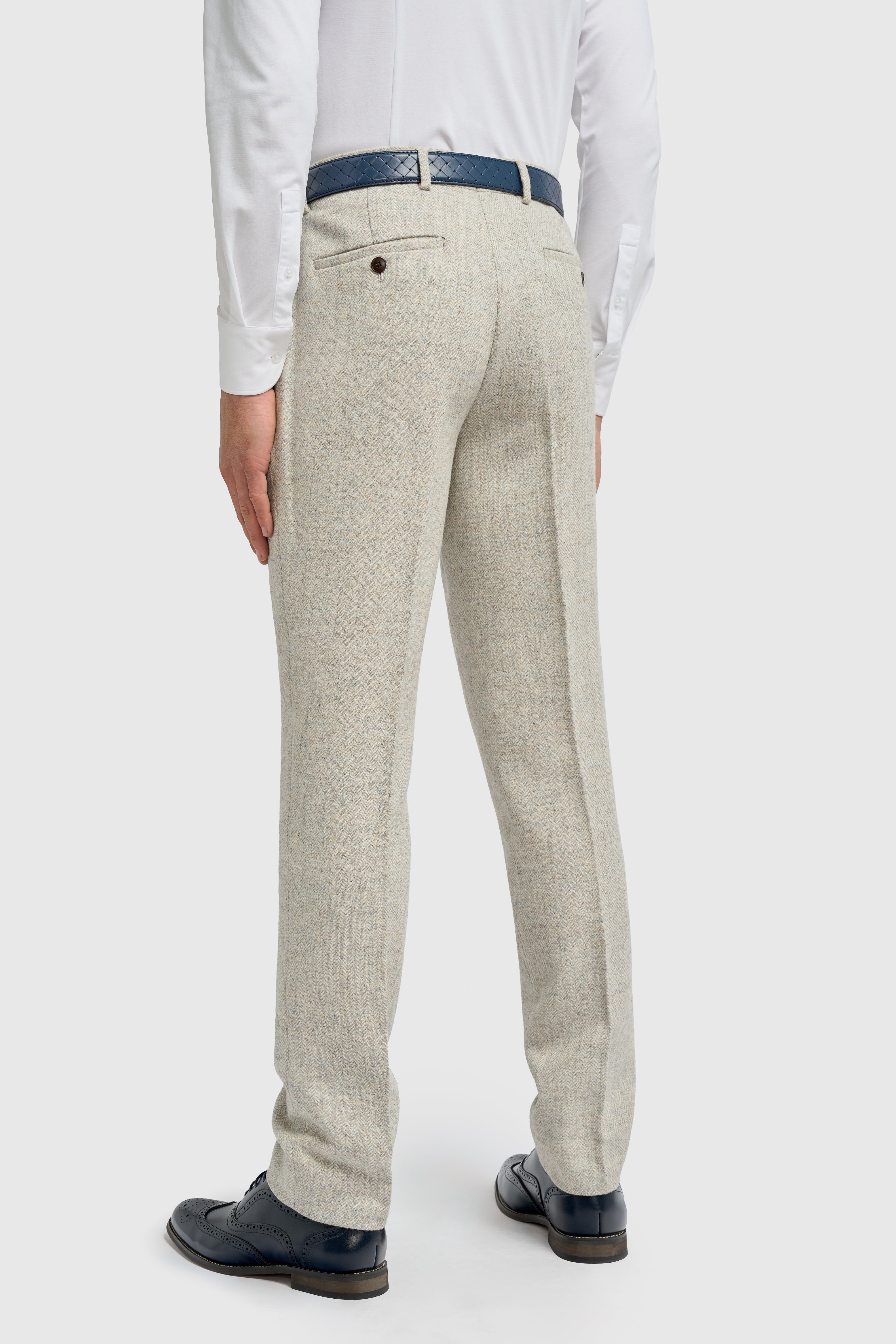 Men’s 3-Piece Wool Herringbone Tweed Suit - Thomas - Pearl Grey Trousers Back Picture