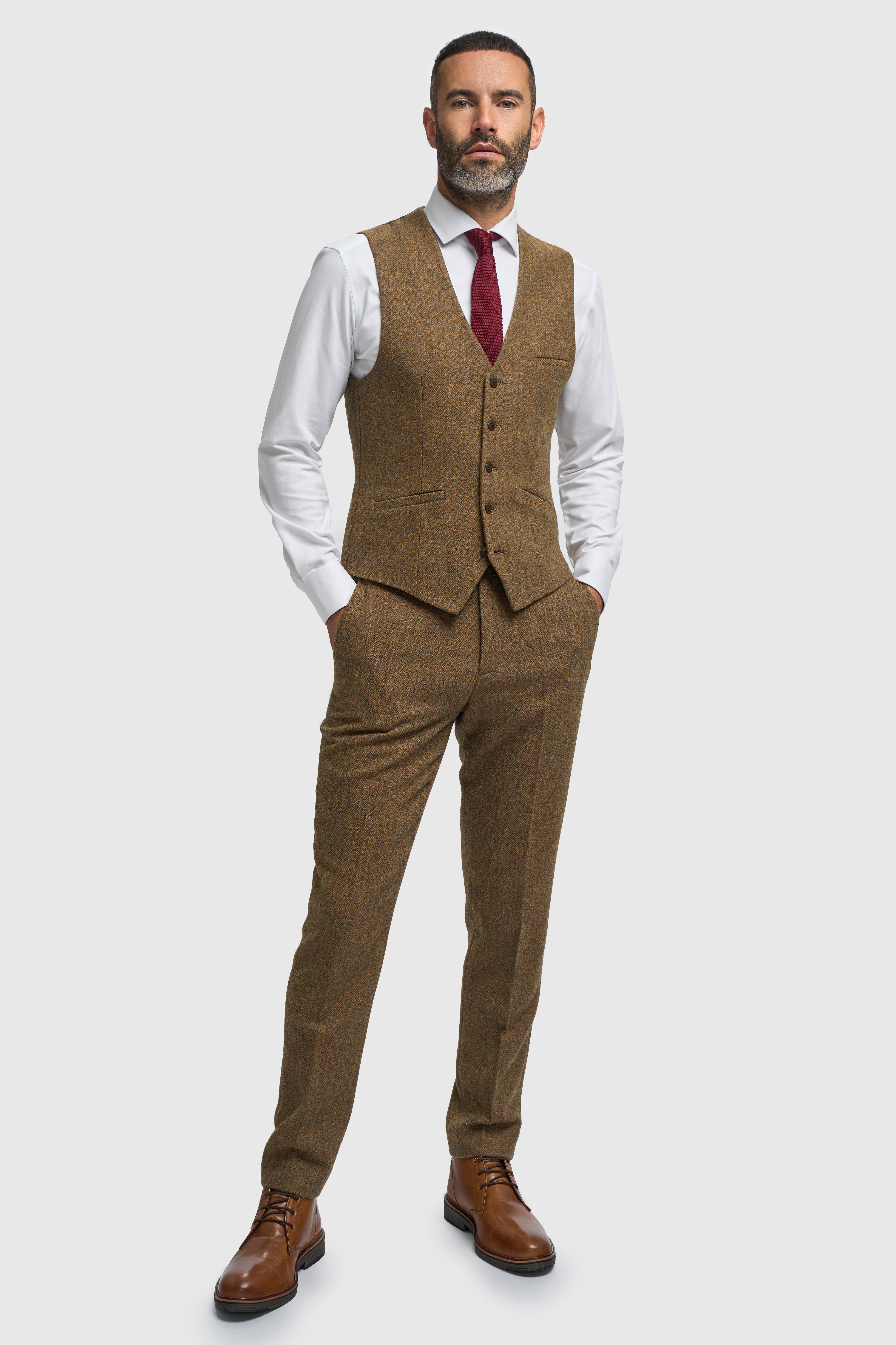 Men’s 3-Piece Wool Herringbone Tweed Suit - Thomas - Brown