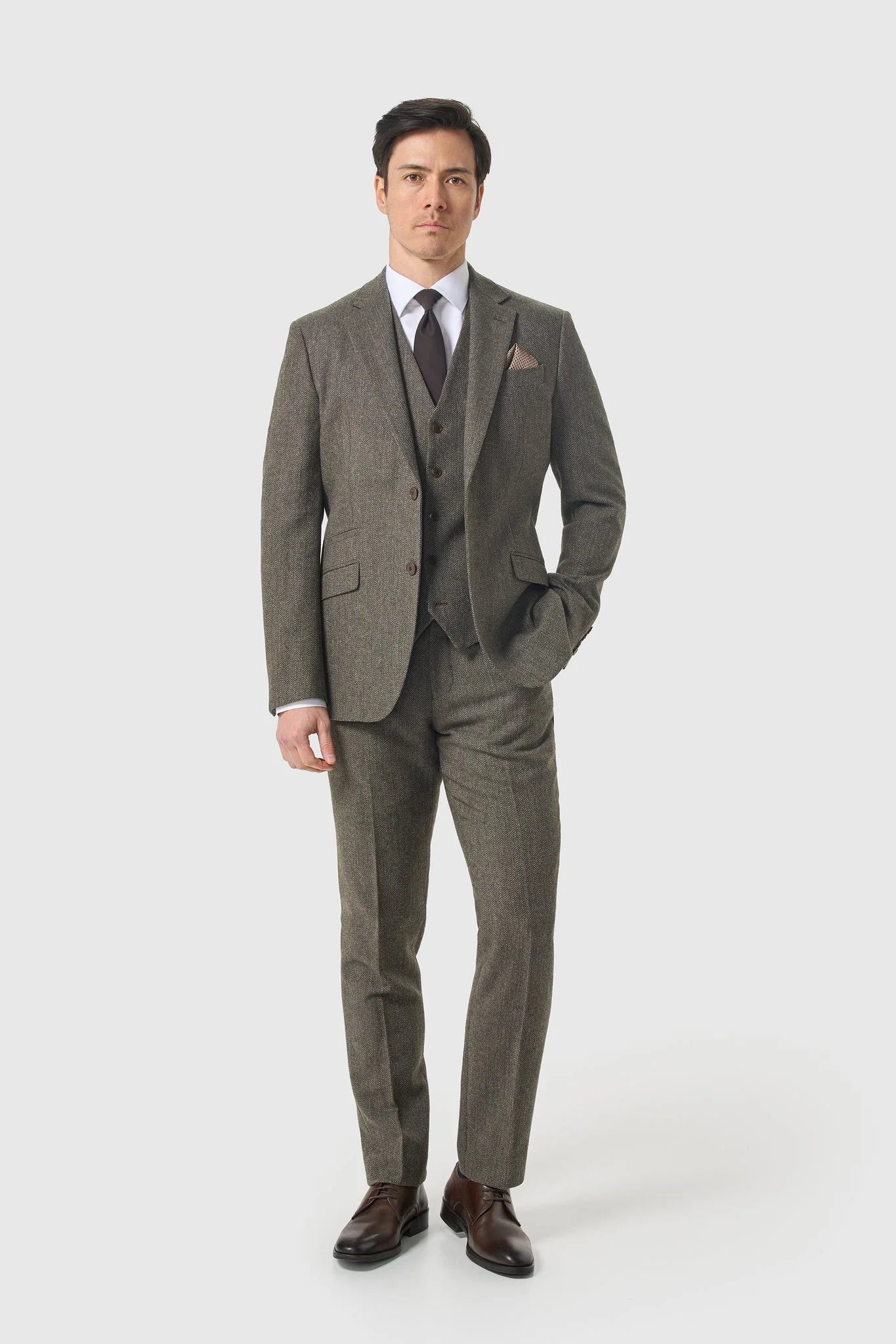 Men’s 3-Piece Wool Herringbone Tweed Suit - Thomas - Sage