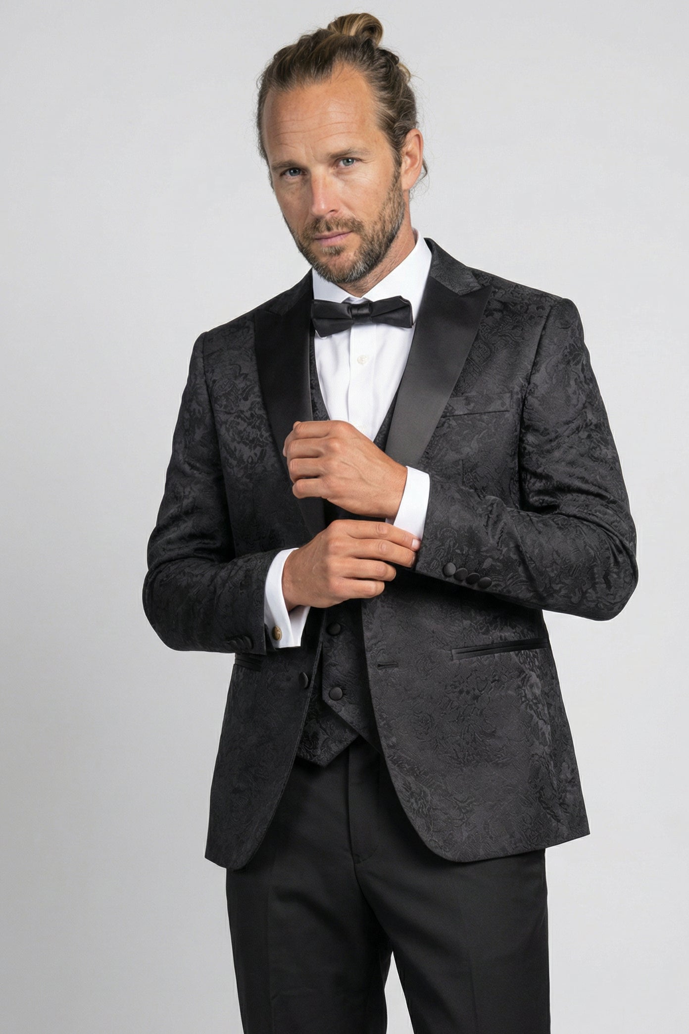 Men’s 4-Piece Cotton Blend Jacquard Tuxedo Suit with Double Breasted Waistcoat - Vincent -Black Main Picture