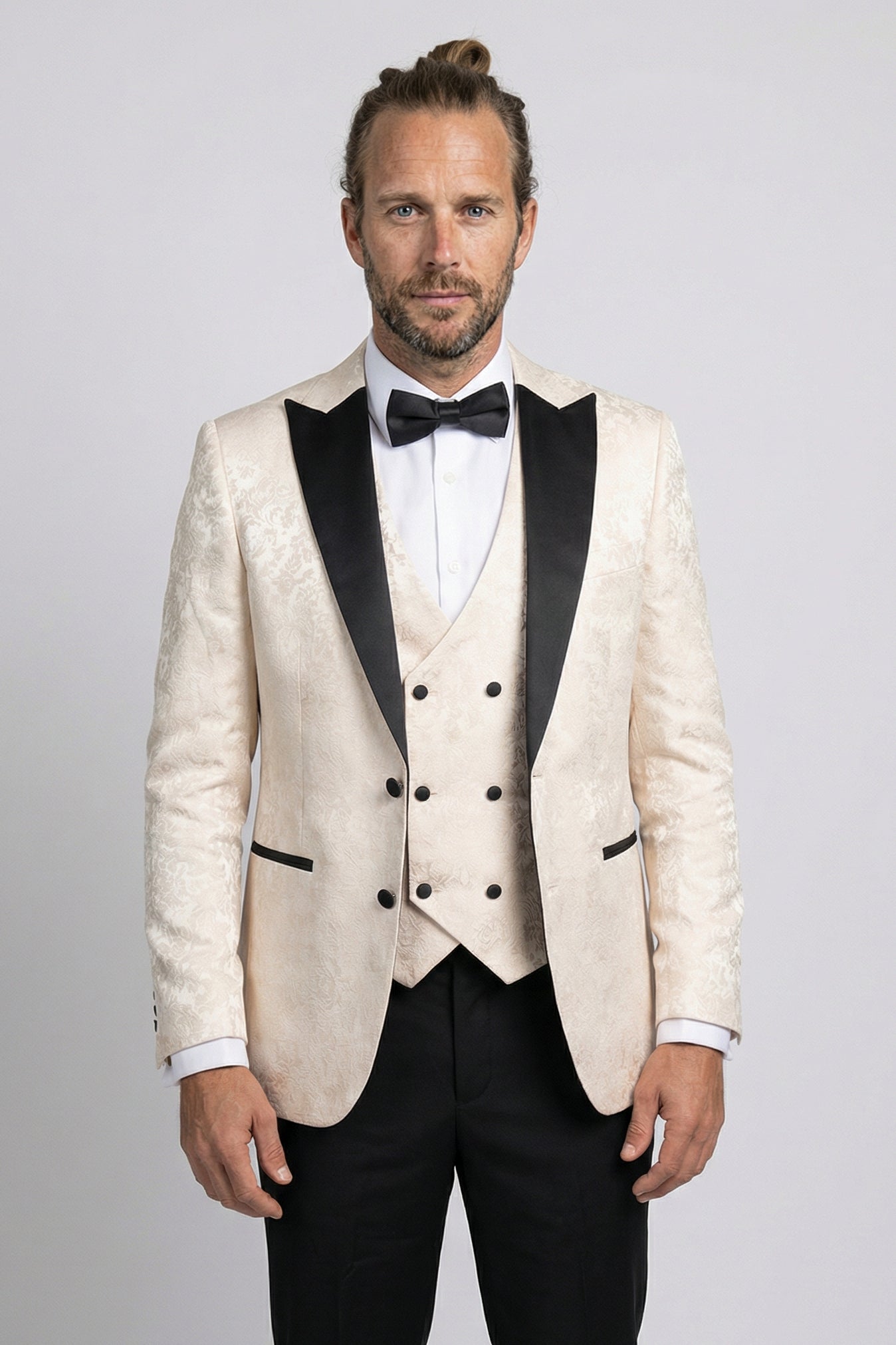 Men’s 4-Piece Cotton Blend Jacquard Tuxedo Suit with Double Breasted Waistcoat - Vincent -Cream Main Picture