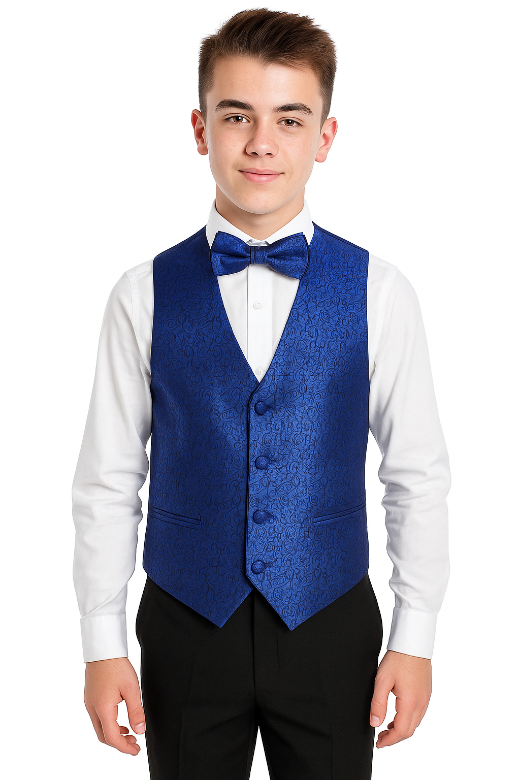Men's Boys Slim Fit Swirl Royal blue Waistcoat - Blue Boys model picture