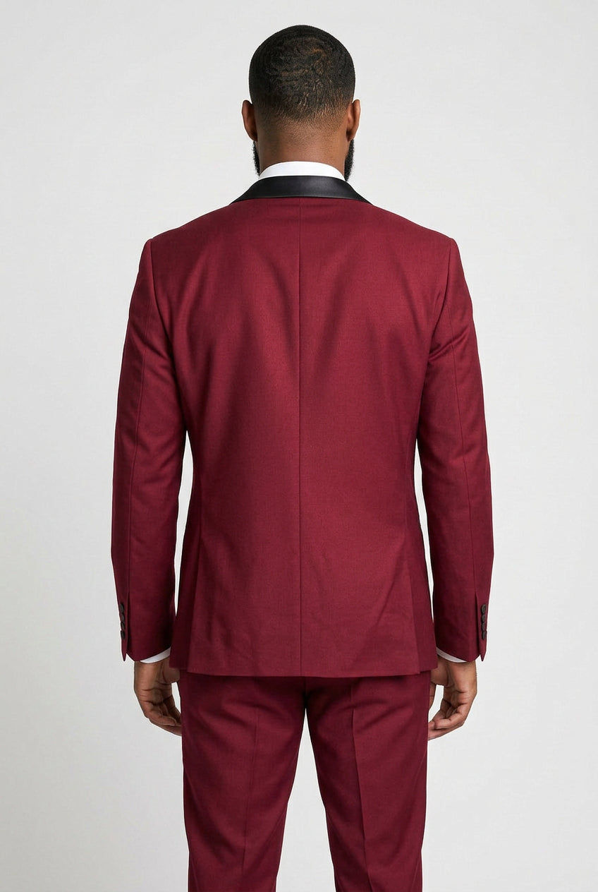 Men’s Burgundy 3 Piece Tuxedo Suit with Black Satin Lapel