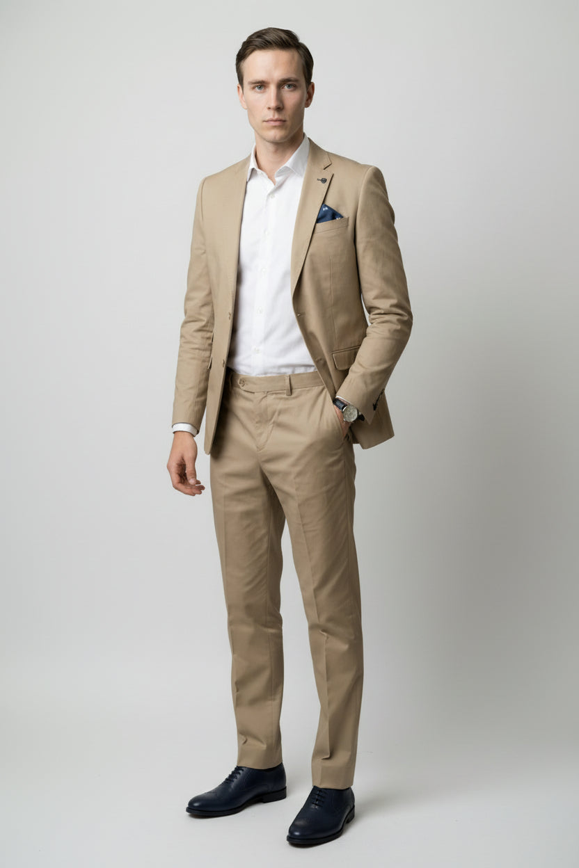 Men's Cotton Slim Fit Beige Suit - KINGSTON - Beige
