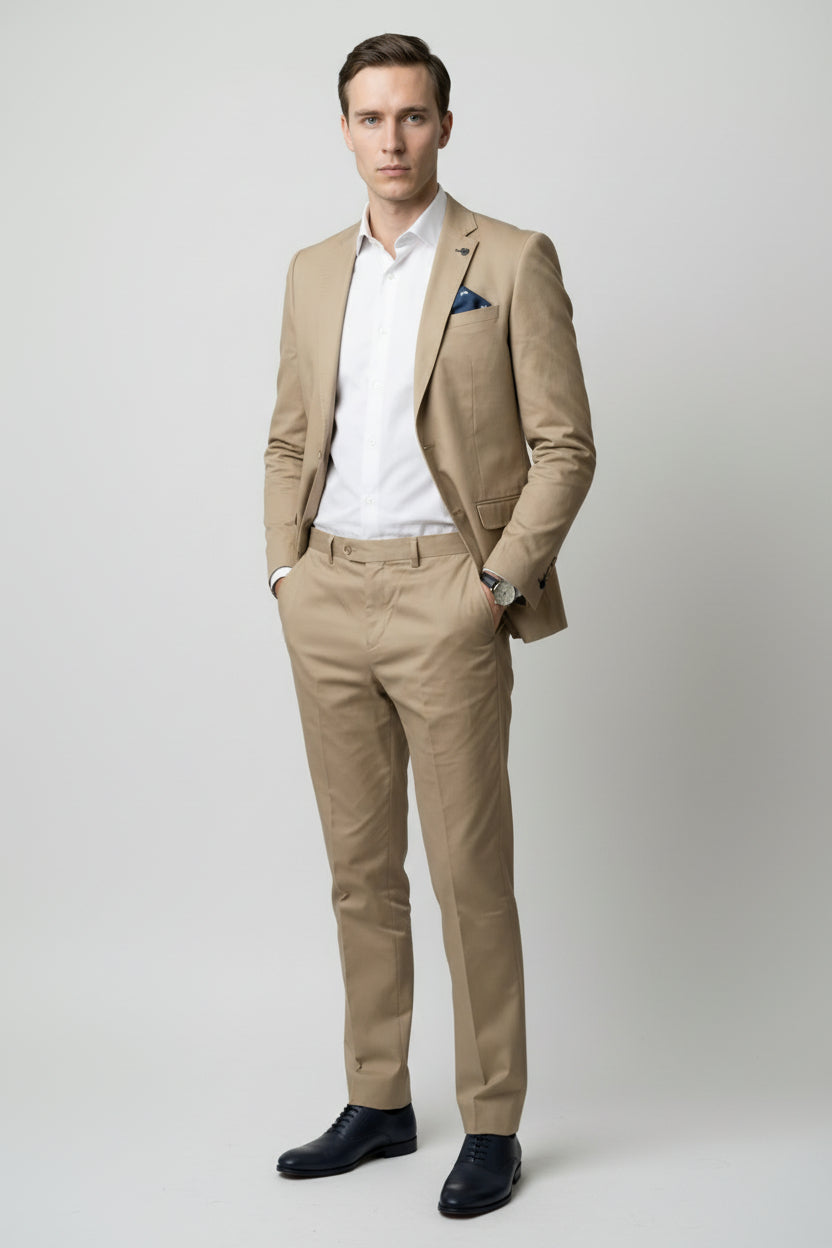 Men's Cotton Slim Fit Beige Suit - KINGSTON - Beige