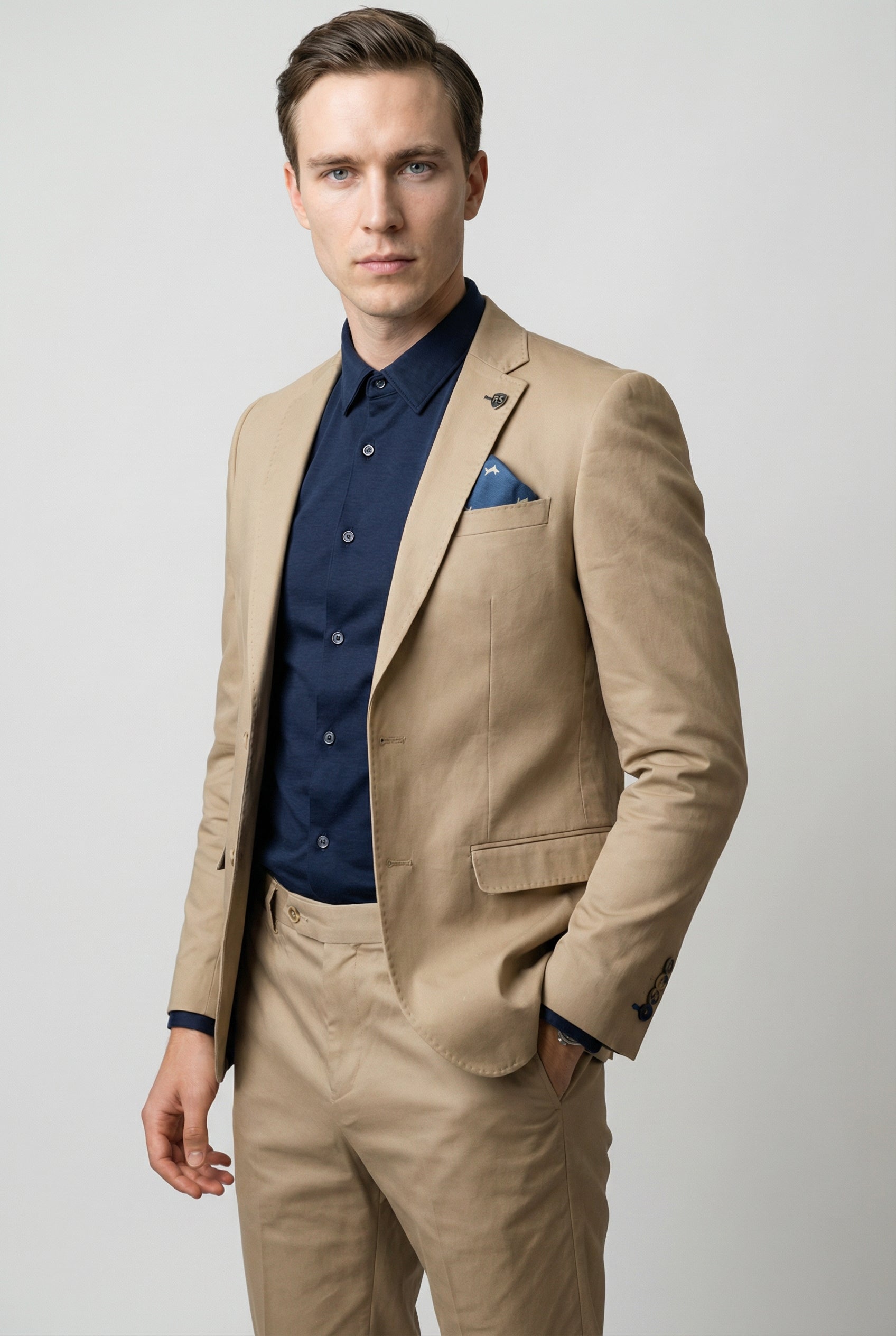 Men's Cotton Slim Fit Beige Suit - KINGSTON - Beige