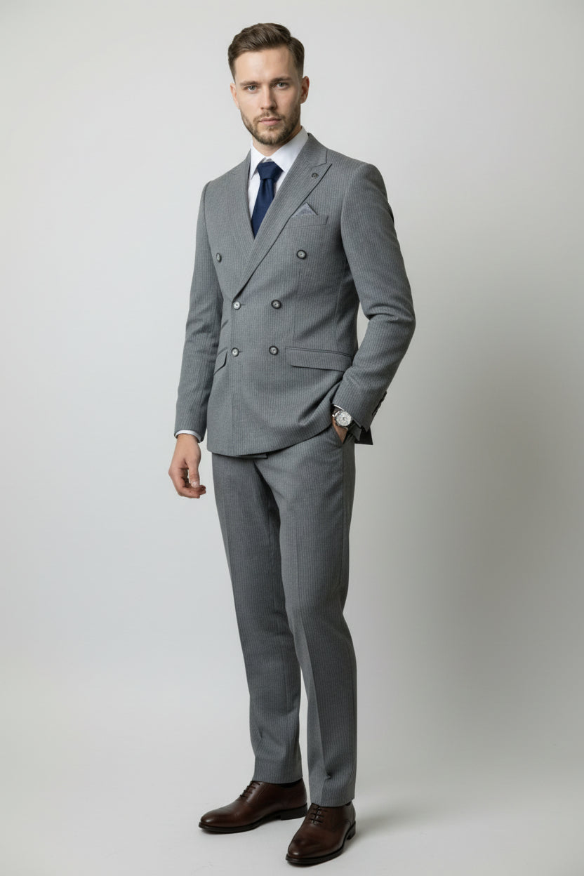 Men's Double Breasted Pinstripe Suit - JAYCE Grey