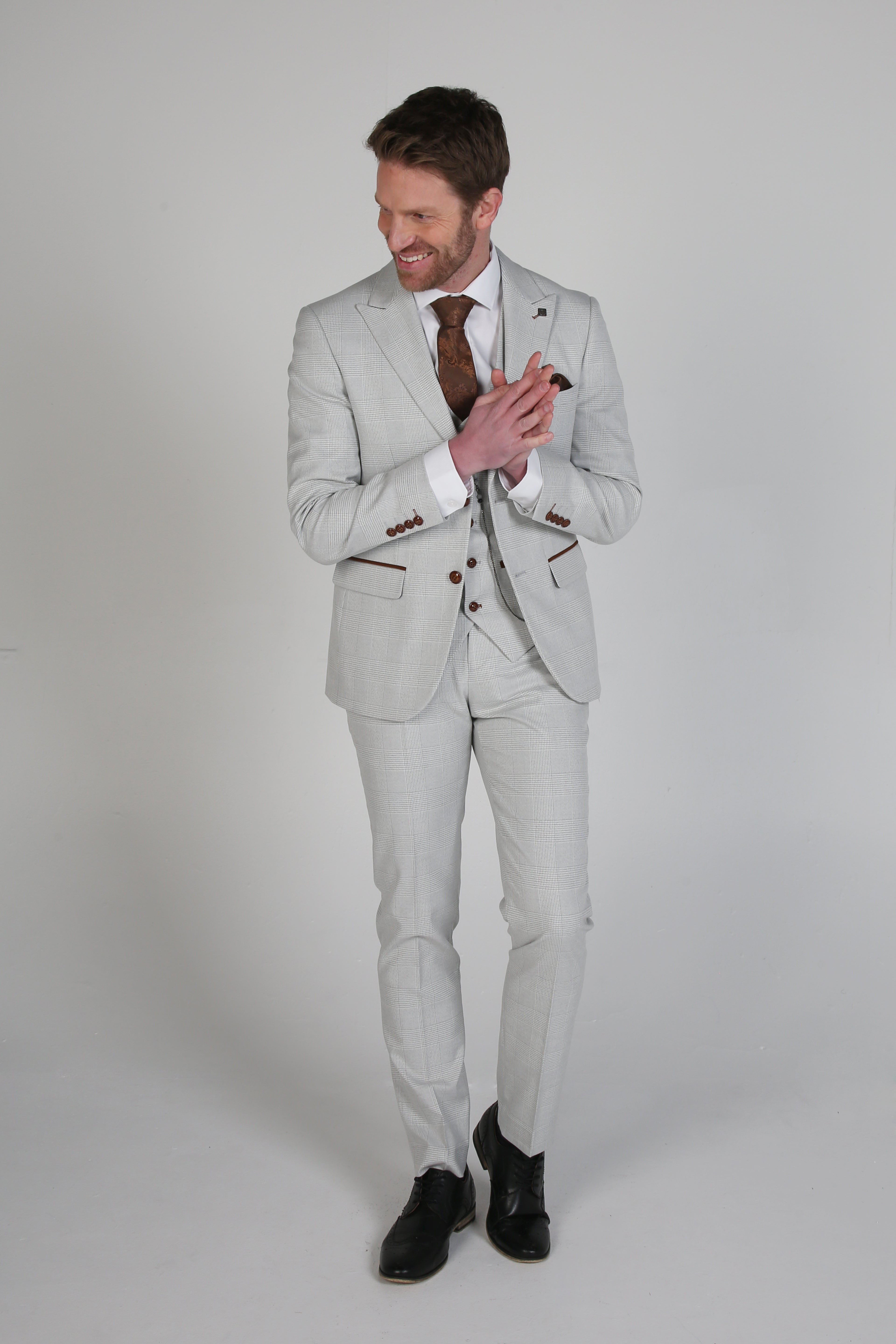 Men's Herringbone Check Suit Tailored Fit Suit - MARK STONE - Stone Beige