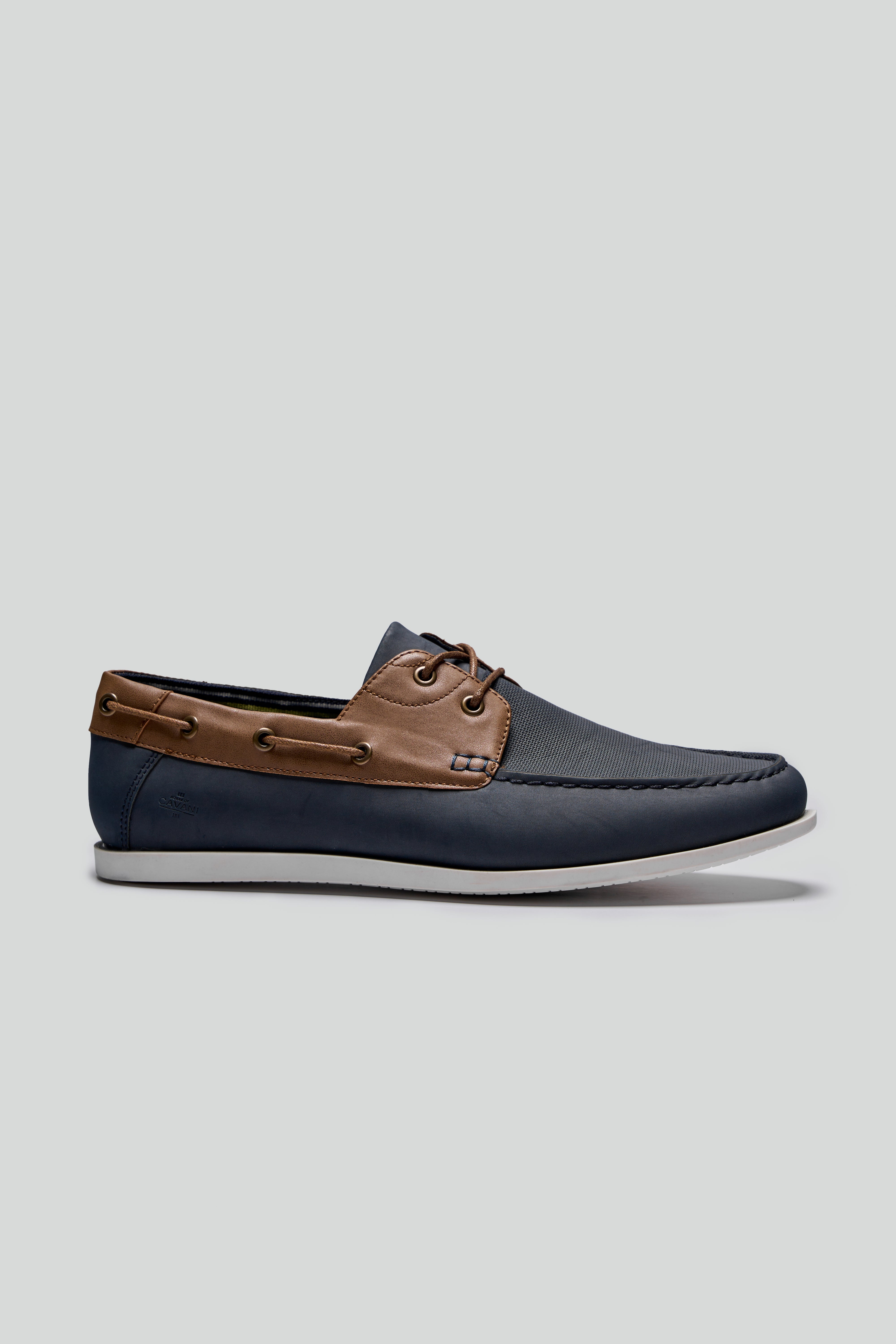 Men’s Leather Boat Shoes with White Sole - ANDROS - Tan - Navy Side Picture