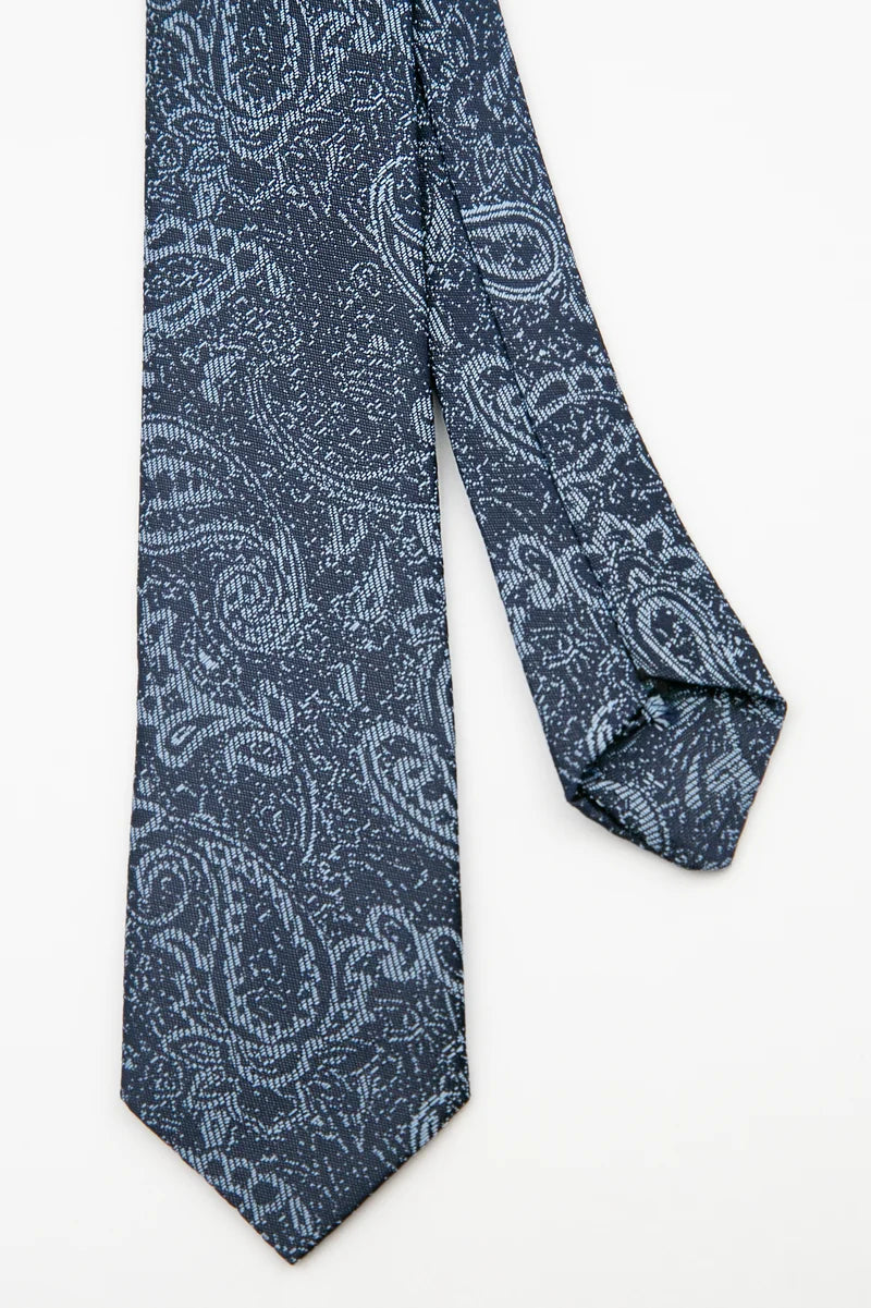 Men’s Paisley Slim Tie & Pocket Square Set in Grey Navy Tie Front picture