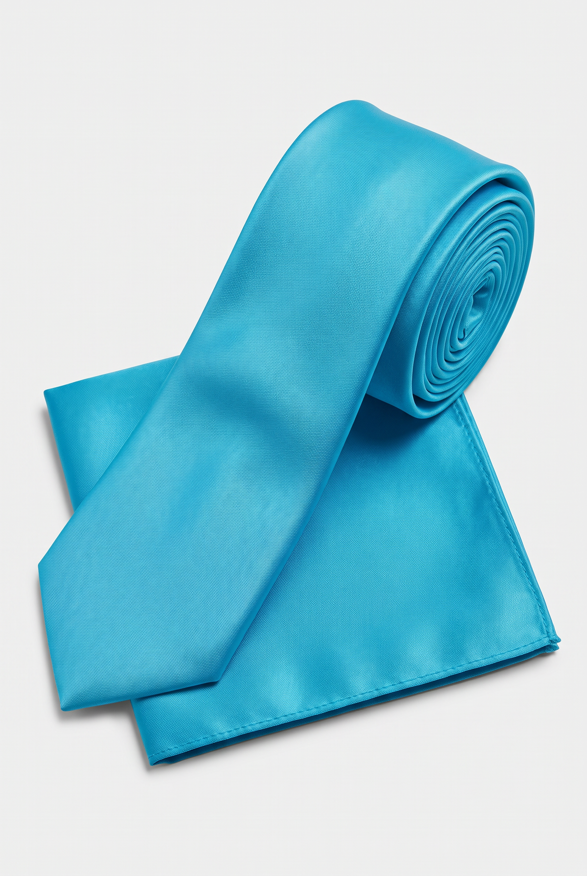 Aqua Blue satin tie and matching pocket square set, rolled view 