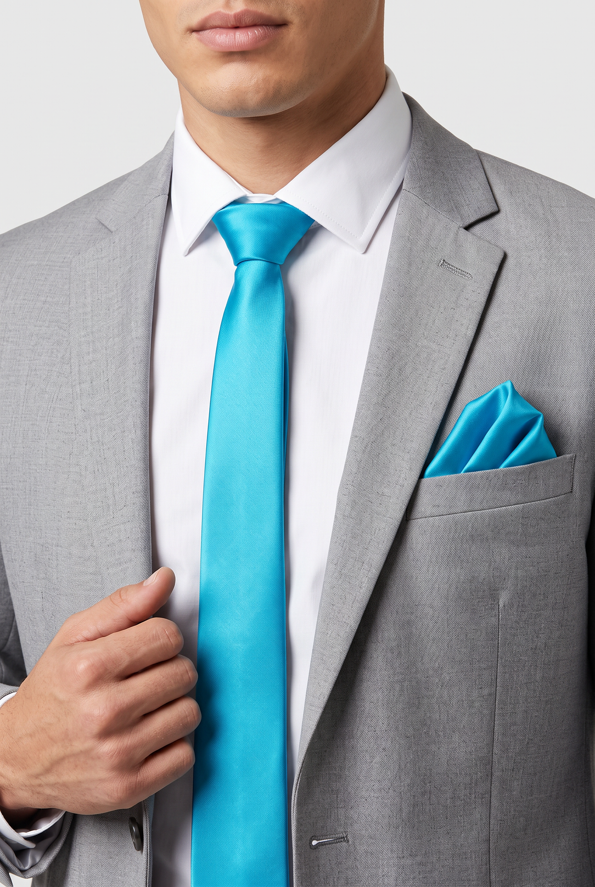 Aqua Blue satin tie and pocket square styled with a grey suit