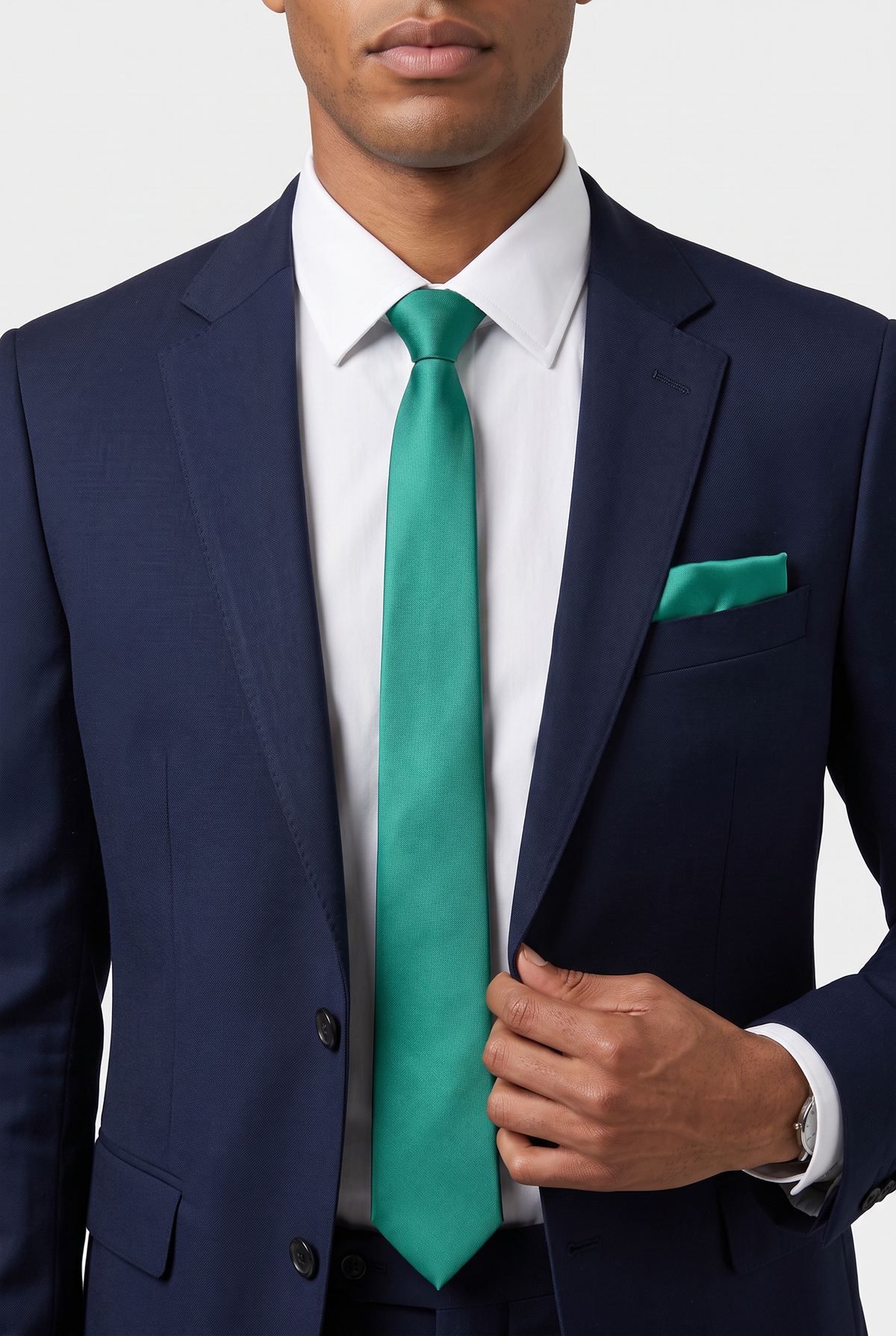 Green satin tie and pocket square styled with a navy suit