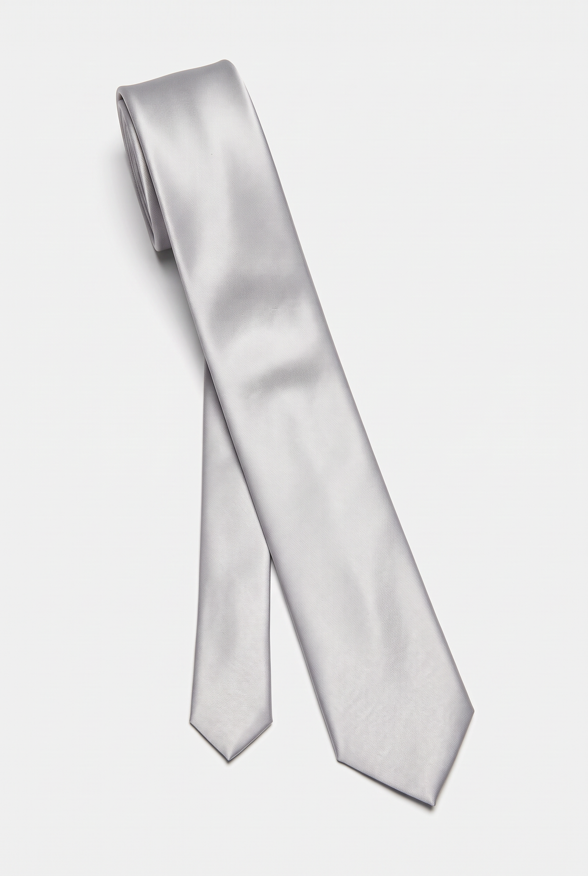 Silver satin men's necktie, full-length front view 