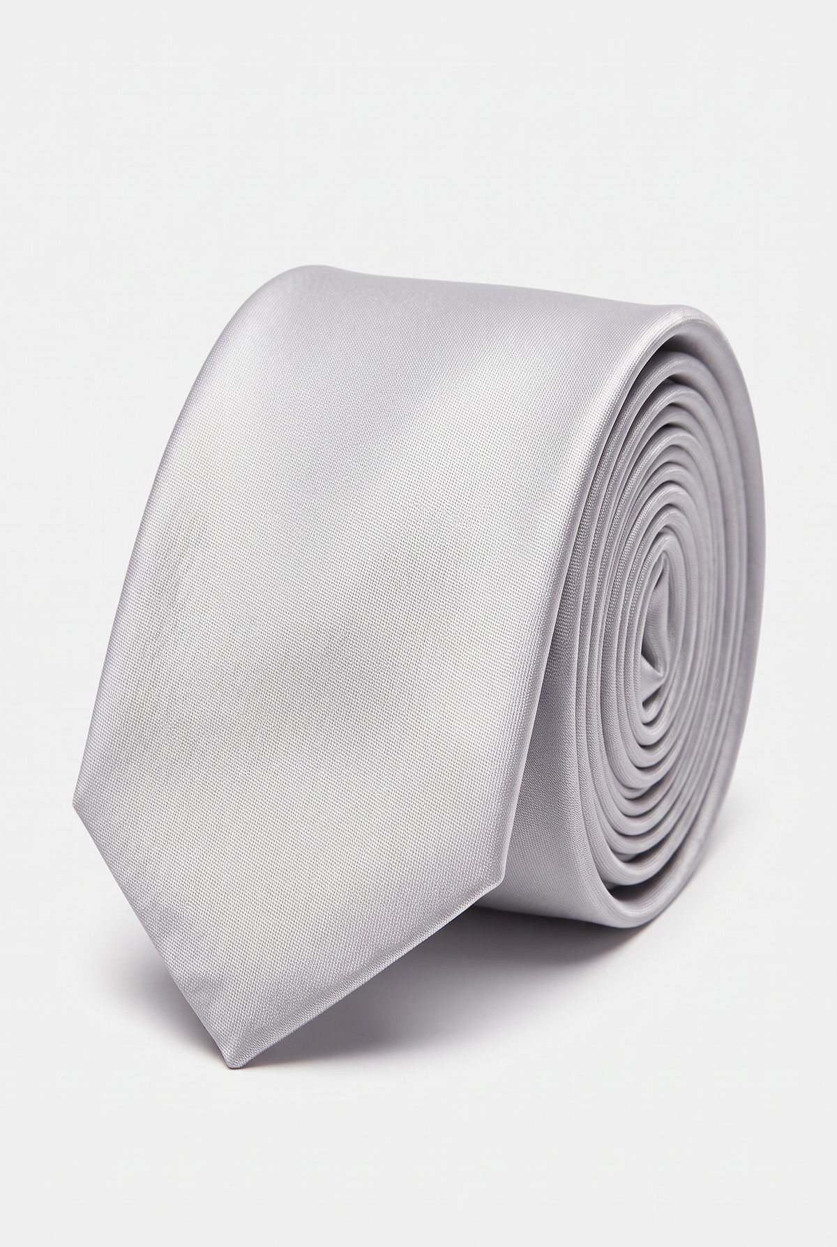 Silver satin men's necktie, rolled close-up view 