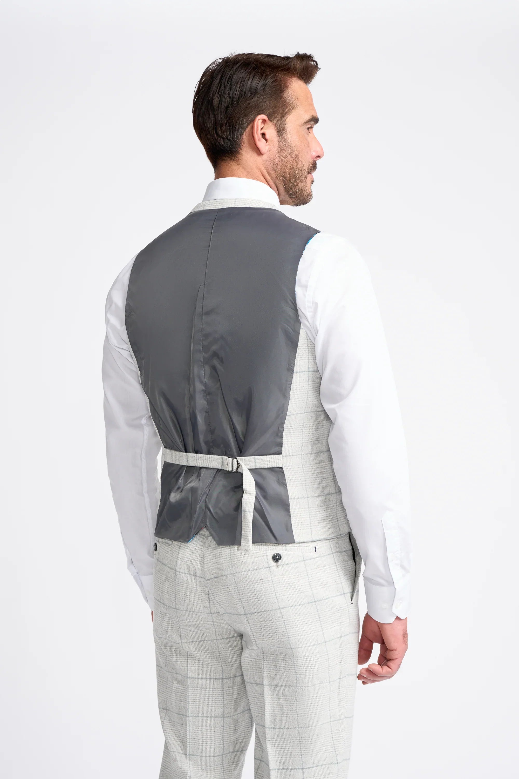 Men's Retro Check Grey Suit - RADIKA - Light Grey Waistcoat Back Picture