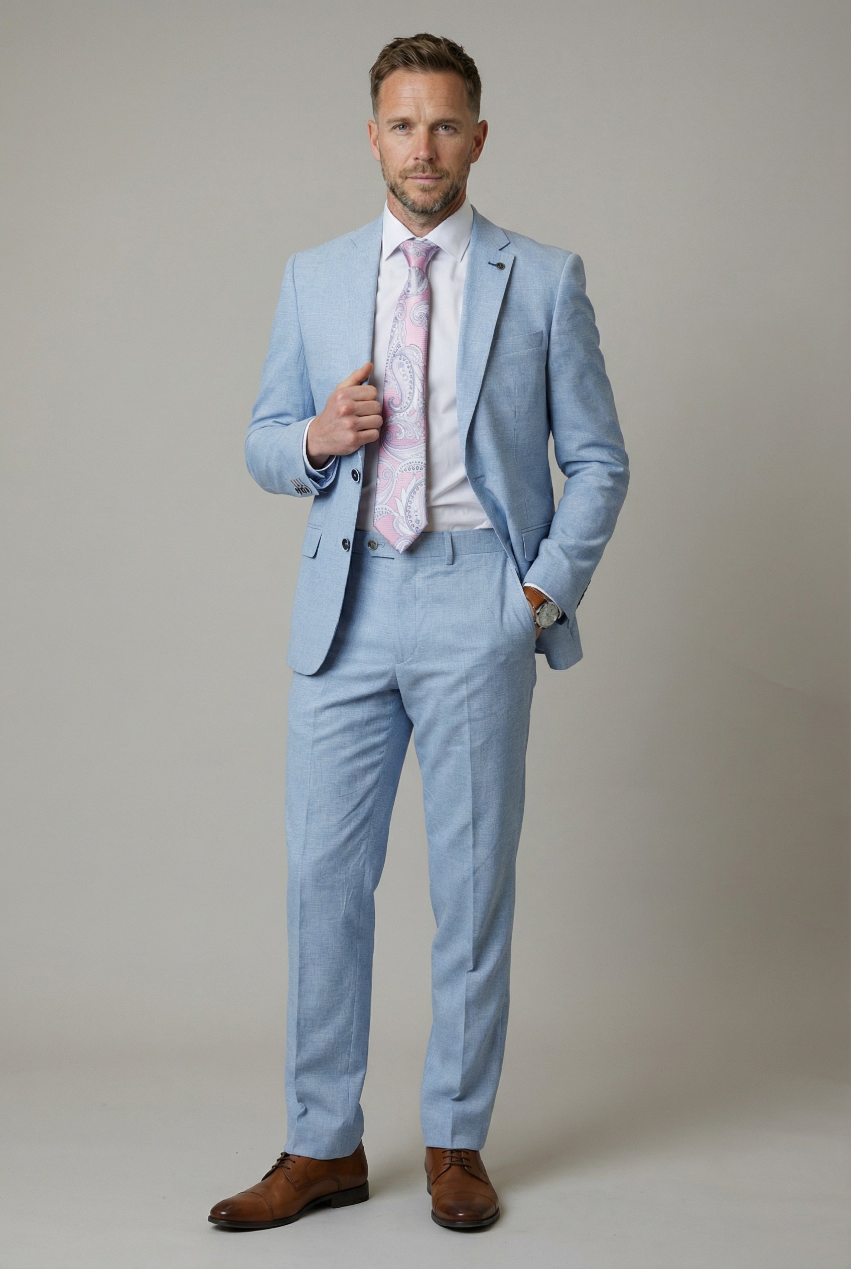 Men's Self Patterned Slim Fit Suit - JUDE - Light Blue