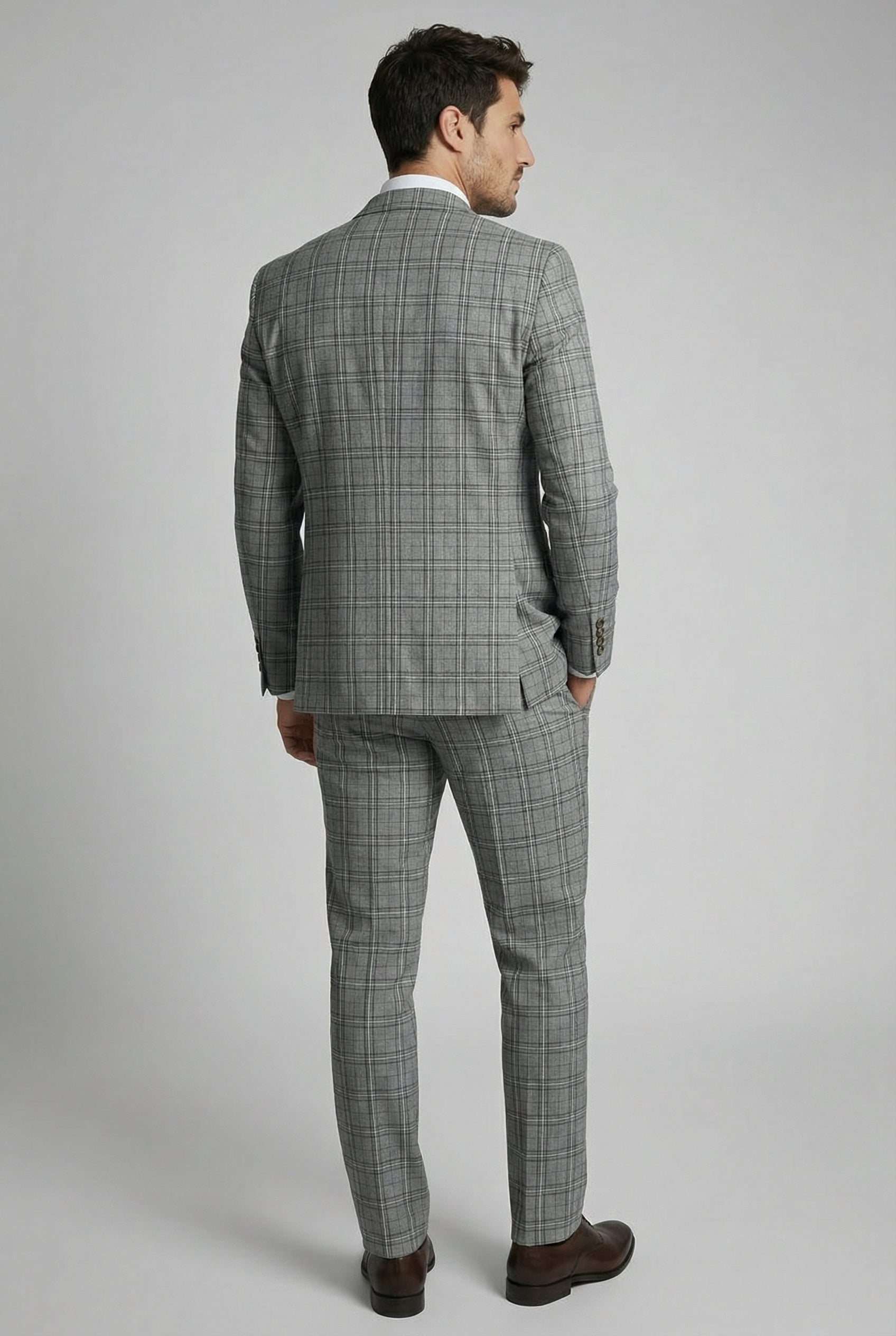 Men's Slim Fit Check 3PC Suit - MARCELLO - Grey